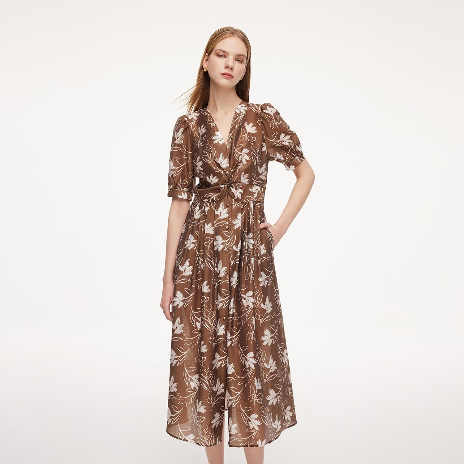 GOELIA Women Bubble Hem Midi Dress 2026 Puff Sleeve Square Neck Dress Acetate Blend Casual Floral Dresses with Scrunchie