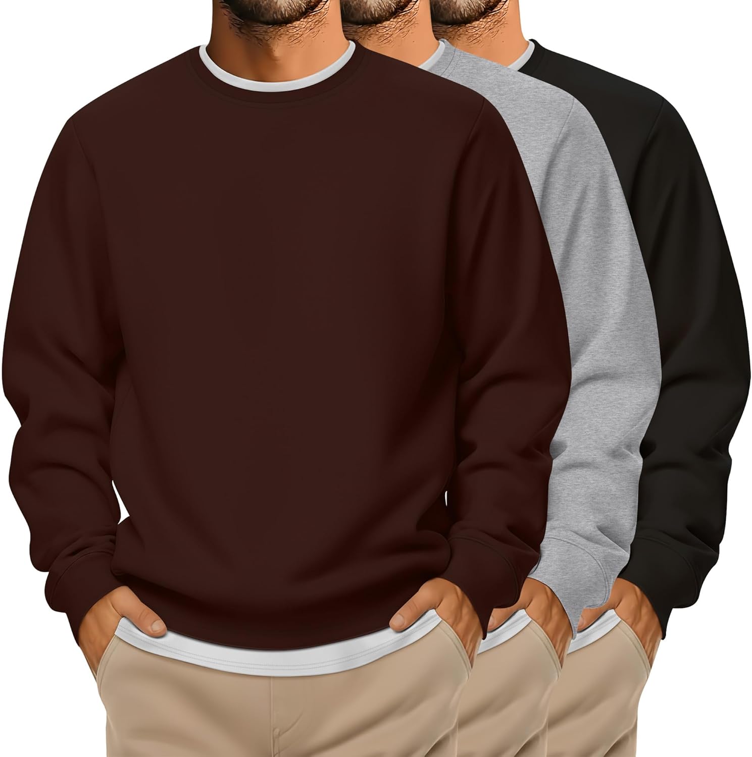 3 Packs Mens Big and Tall Sweatshirts Long Sleeve Crew Neck Pullover Shirts Lightweight Casual Basic Tops