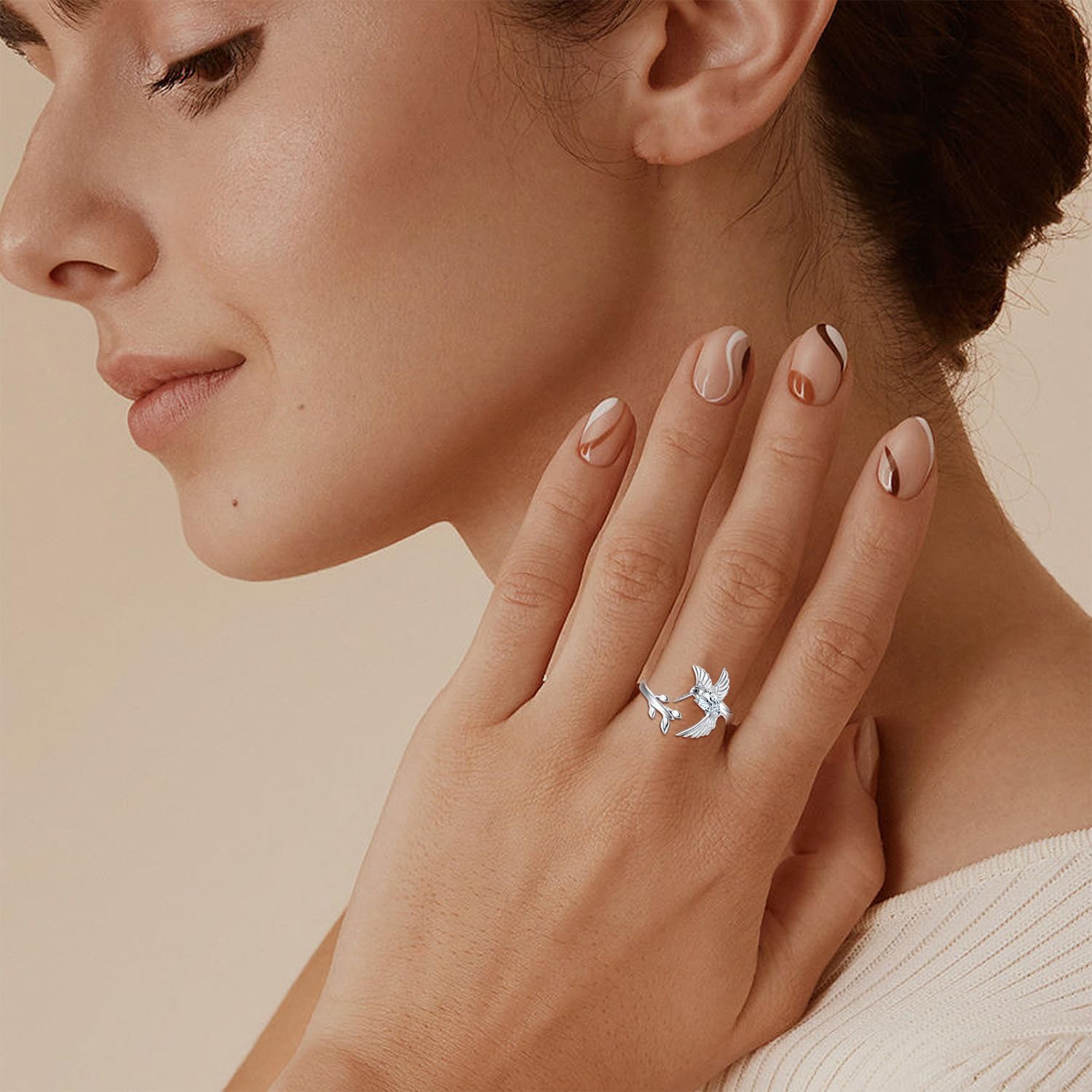 Hummingbird Leaf Ring for Women S925 Sterling Silver Birthstone Ring Adjustable Open Rings Jewelry Birthday Gifts