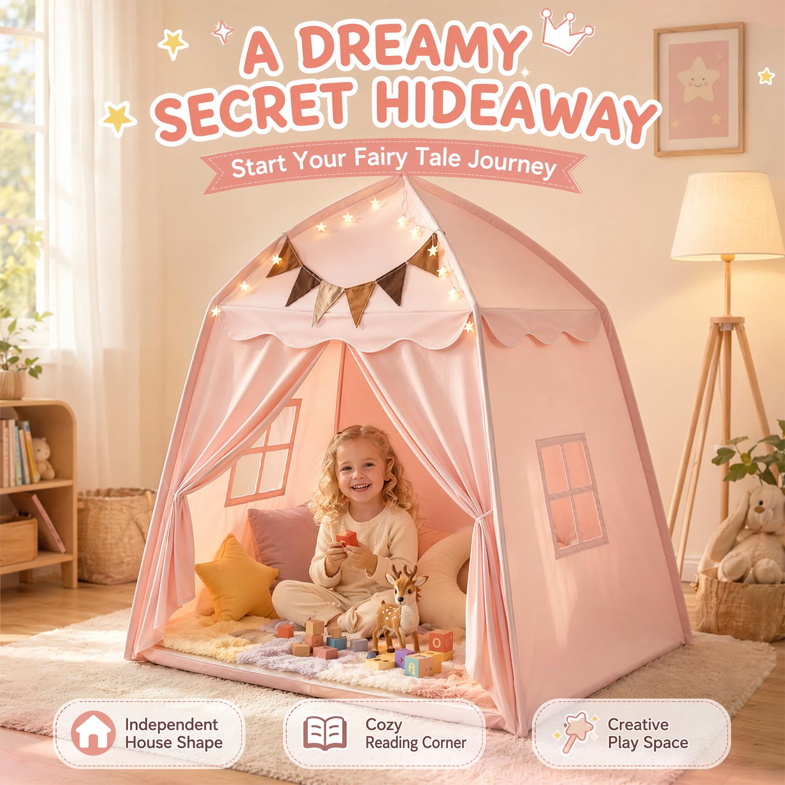 Kinderzelt für Drinnen, Spielzelt Kinder Indoor Faltbares, Zelt Kinderzimmer mit Flaggen & Lichterketten, Leseecke Kinderzimmer, Kinderzelt Indoor, Spielhaus Kinder Indoor, 150x100x150 cm (Rosa)