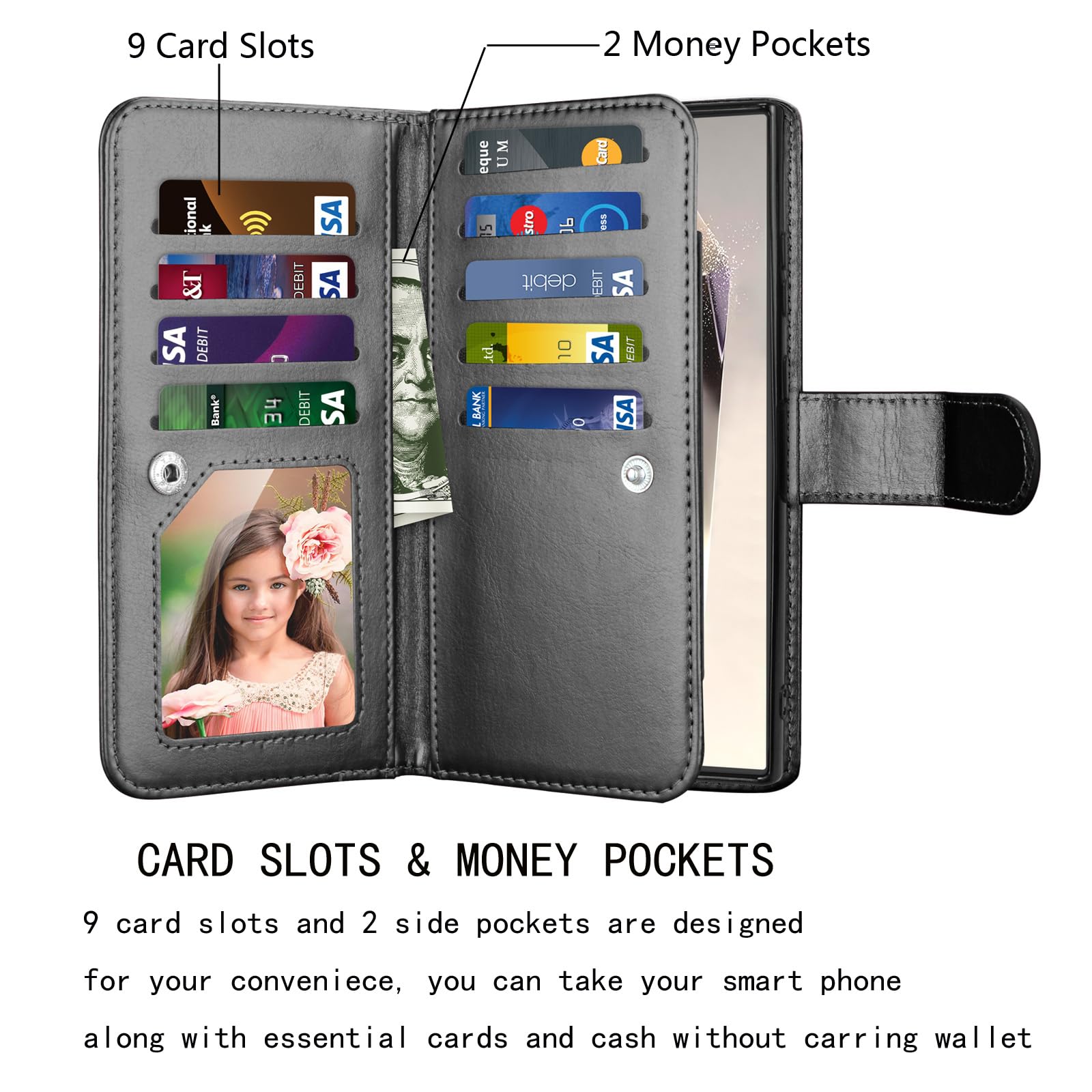 NJJEX Galaxy S24 Ultra Case, for Samsung Galaxy S24 Ultra Wallet Case, [9 Card Slots] PU Leather ID Credit Card Holder Folio Flip [Detachable] Kickstand Magnetic Phone Cover & Lanyard [Black]