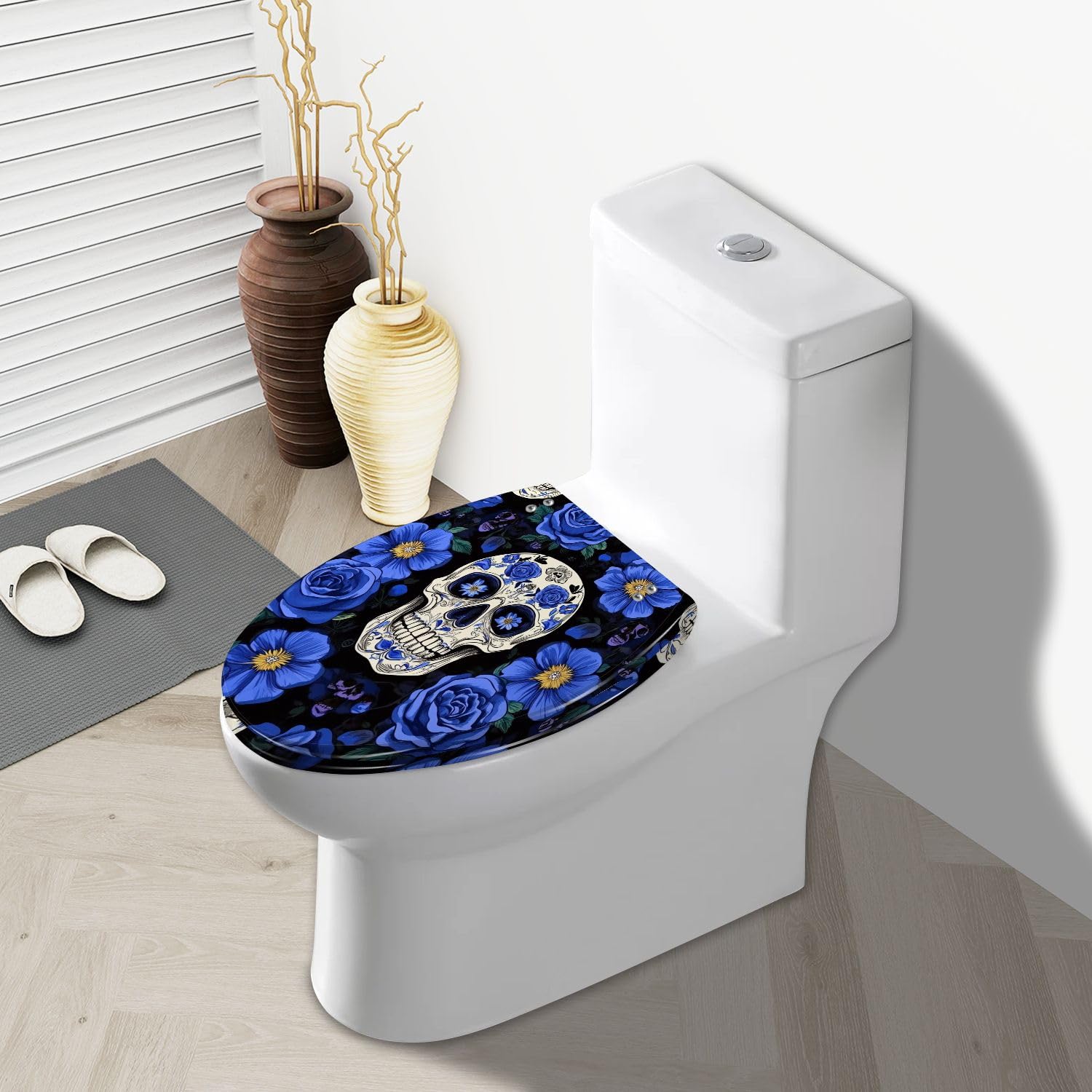 Copriwater Allungato Decorativo In Resina con Teschi Di Zucchero E Fiori Blu, Motivo Nero Senza Cuciture, Chiusura Lenta E Silenziosa, Cerniere A Sgancio Rapido, Facile Da Pulire E Installar