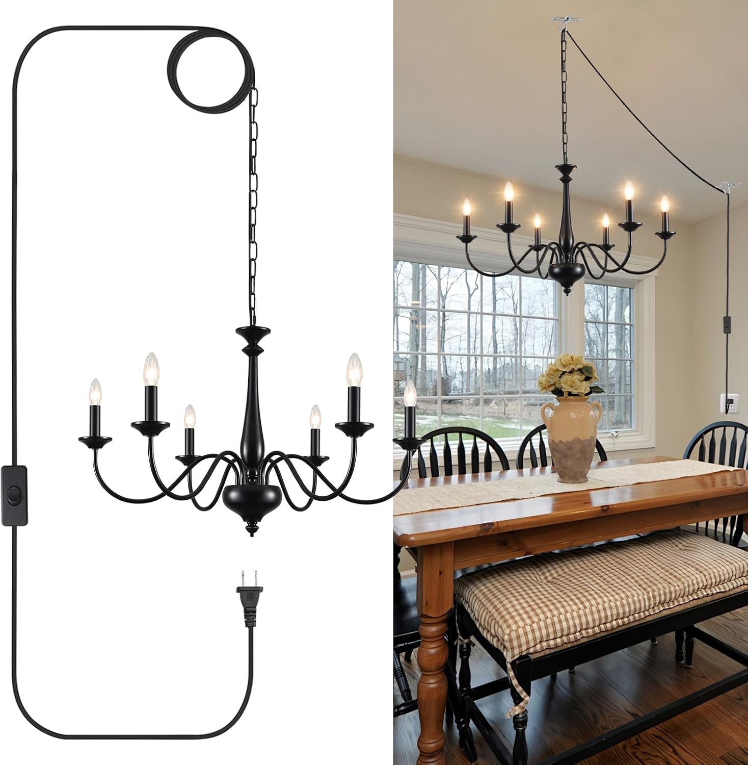 Plug in Chandelier Lighting with Cord 15ft & On/Off Switch, Hanging Lights with Plug in Cord, 6 Light Black Farmhouse Chandelier for Dinging Room Living Room Kitchen Island Bedroom