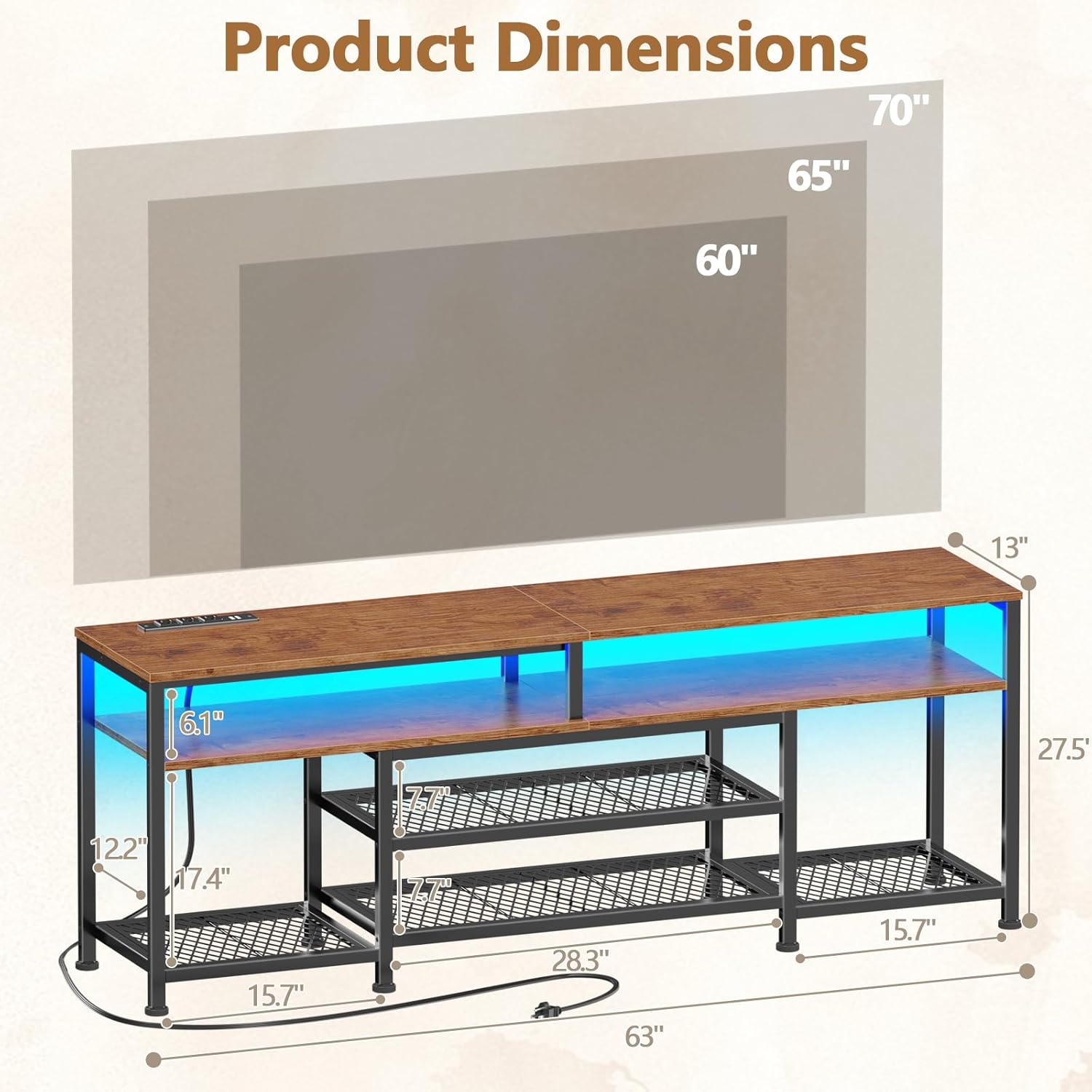 Furologee TV Stand with Power Outlets and LED Lights, 63 Inch Entertainment Center for 60 65 70 Inch TVs, Media Console Table with Open Shelves, for Bedroom, Living Room, Rstic Brown - Image 3