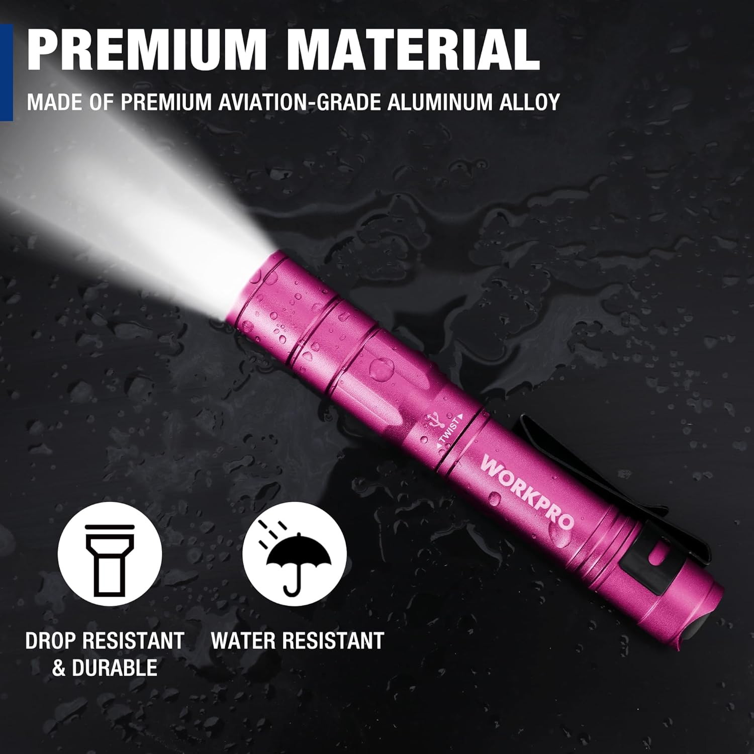 WORKPRO 2 Pack Rechargeable Pen Light Black & 2 Pack Rechargeable Pen Light Pink