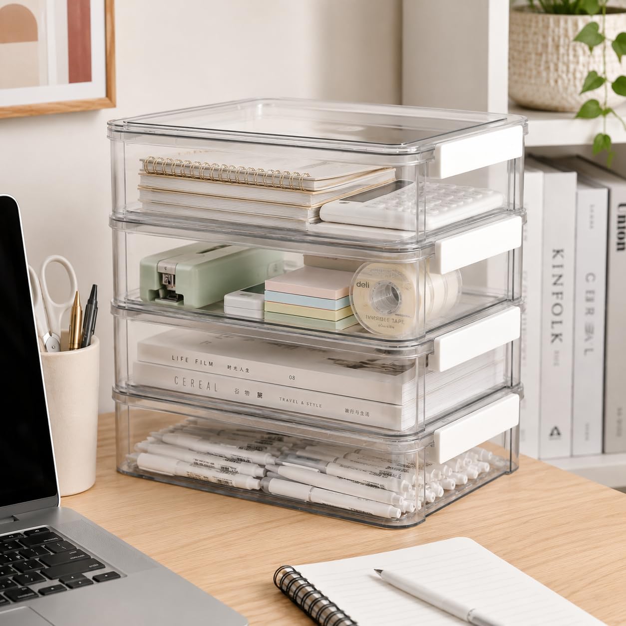 4 scatole portaoggetti per documenti, in plastica con coperchio, trasparenti, impilabili, organizer per documenti, formato A4, per certificati di carta e forniture per ufficio