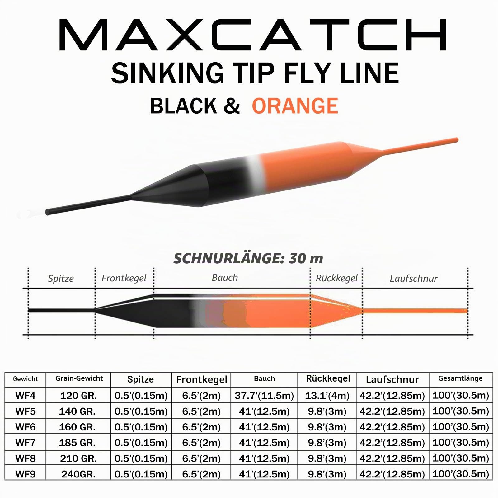 Maxcatch sinkende Spitze Fliegenschnur zum Fliegenfischen 3ips 4/5/6/7/8 F/S (Orange/Schwarz WF-4F/S)