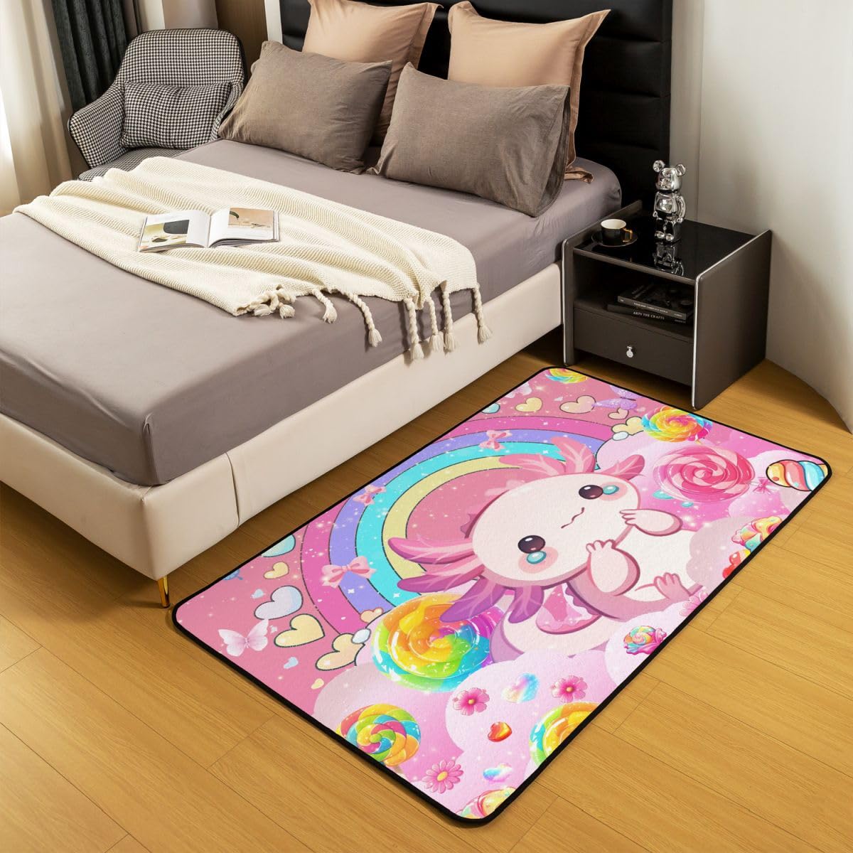 Ładny dywan do salonu, 100 x 150 cm, kawaii, motyw salamandry, różowy, do sypialni, dla dzieci, nastolatków, tęcza, lizaki kwiatowe, słodycze, do wnętrz, mata do dekoracji domu