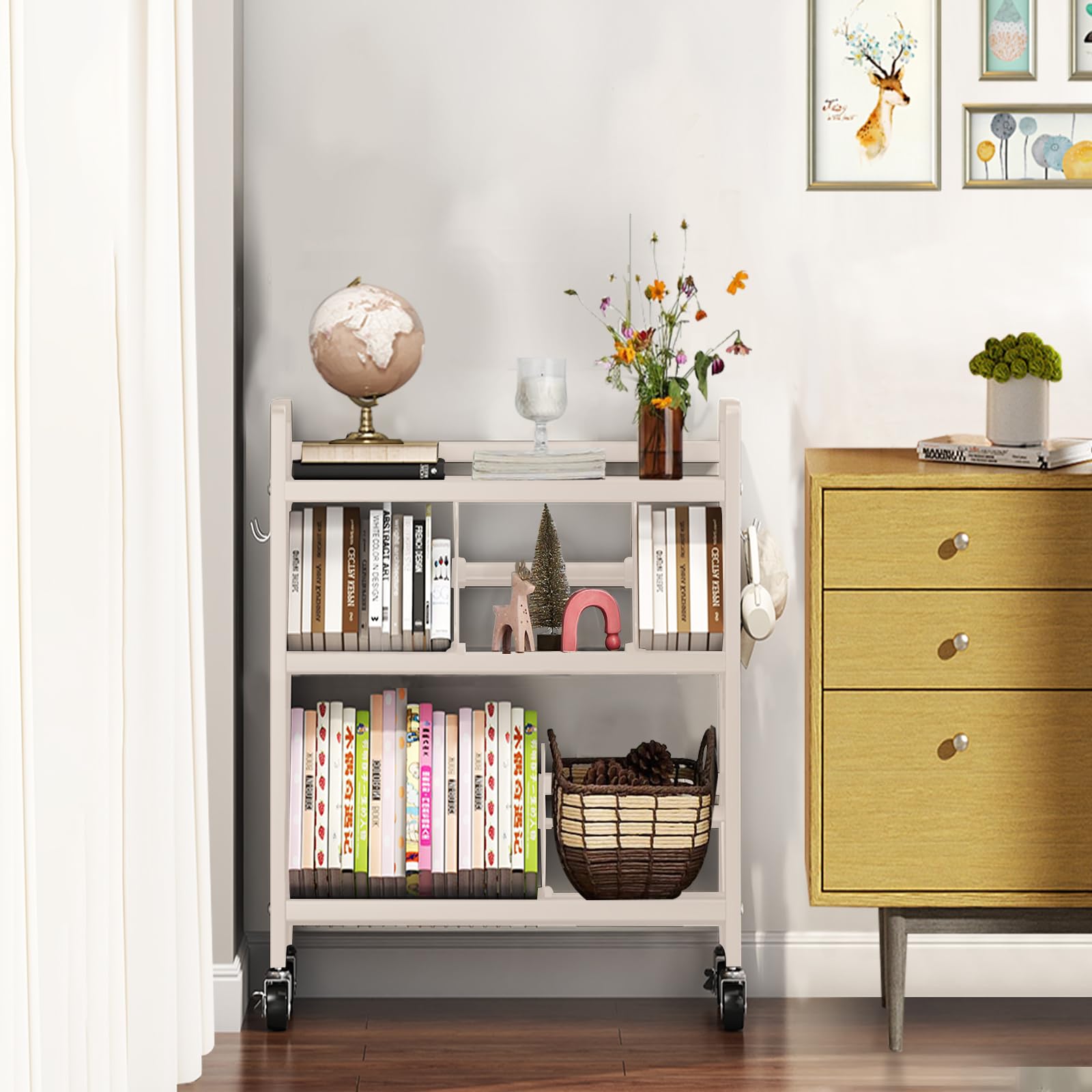 Estanteria Libros con Ruedas, Estantería Metálica de 3 Niveles, 50x25x81.5cm, con Ganchos Desmontables y Ruedas con Freno, para Hogar, Oficina, Aula (Blanco)