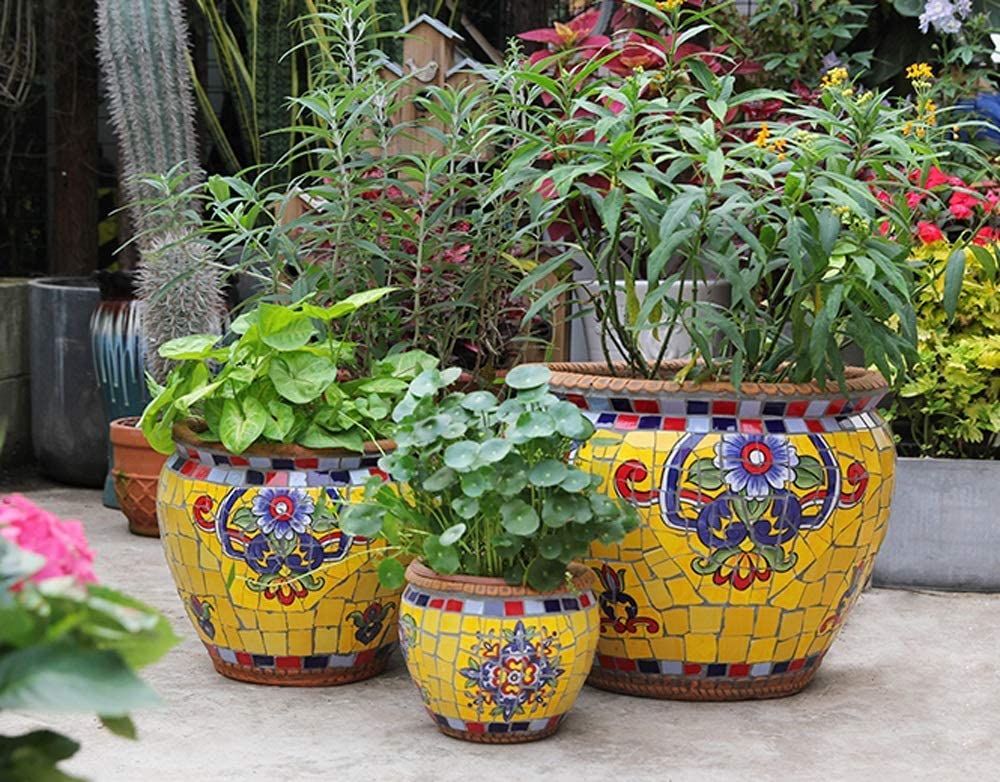 Courtyard Hand-Painted Ceramic Mosaic Large Flower Pot Villa Outdoor Garden Decor Plant Pot Corridor Aisle Landscape Container Vase Home Balcony Terrace Classical Pots (B 23cm) : Everything Else