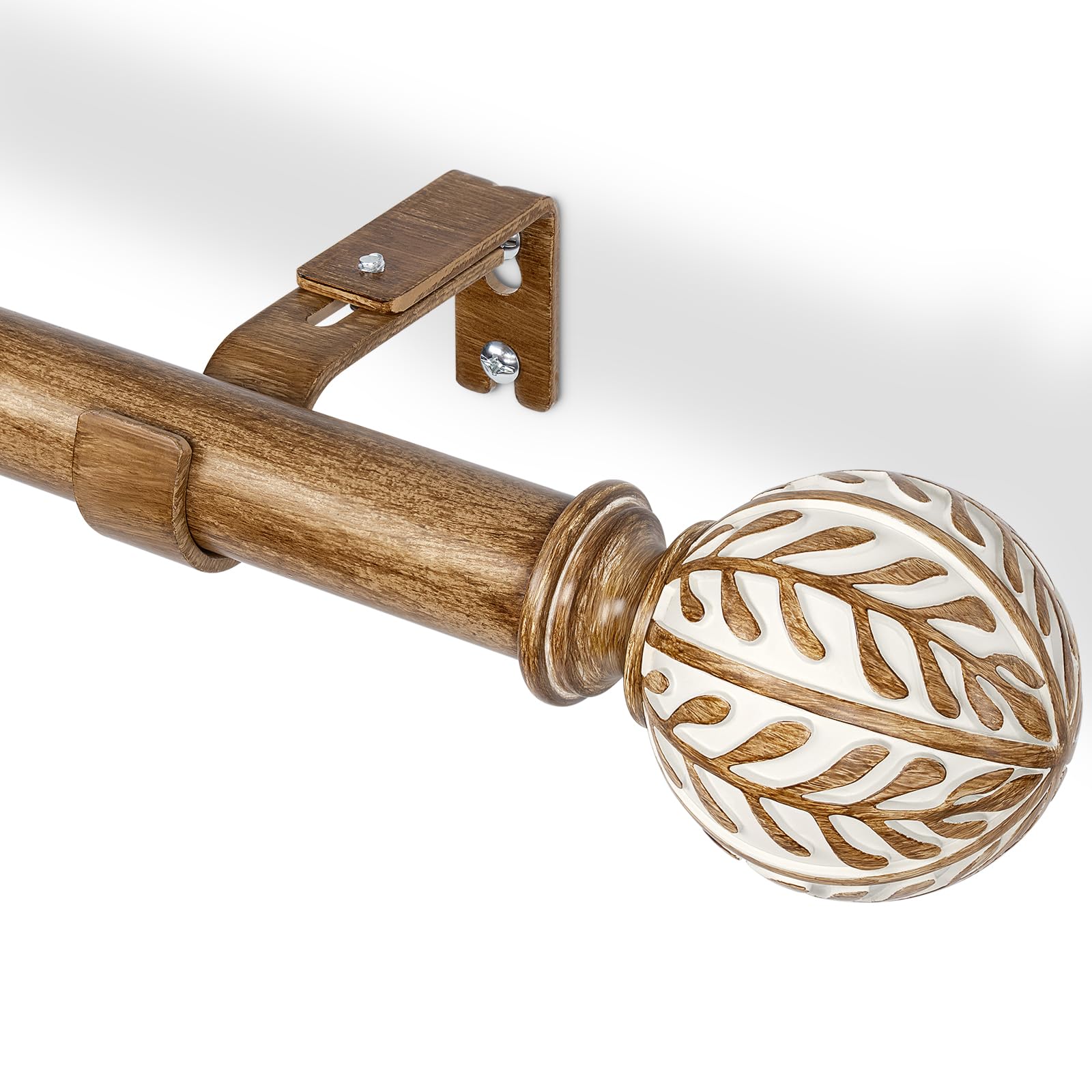 Barra de Cortina Extensible 76-219 cm | Tubo de Metal Ø 25 mm con Acabado en Madera y Motivo de Hoja | Montaje en Pared o Techo | Para Salón y Dormitorio, Marrón Café