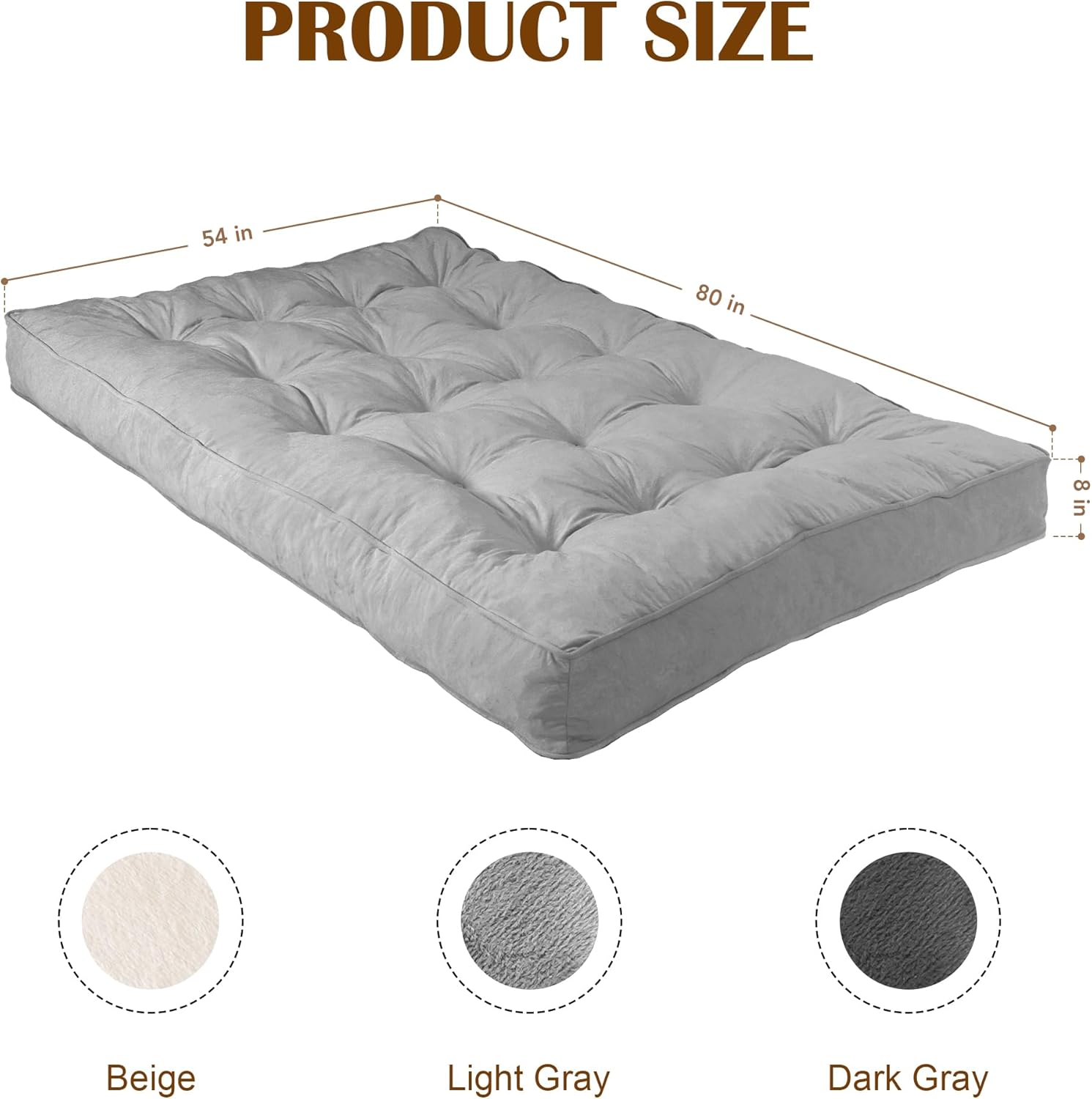 Futon Mattress Full Size 54" x 80", 8" Thick Floor Mattress for Adults, Foldable Sofa Couch Bed with Shredded Foam Filling, Comfy Sleeping Mat for Guest, Camping, Dorm, Light Gray(Frame Not Included)