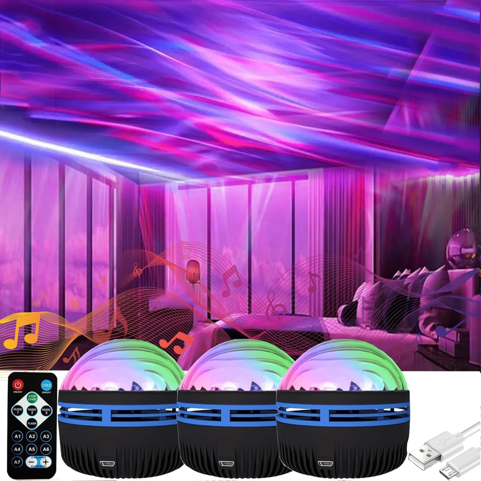 Yonruit 2 In 1 Northern Lights and Ocean Wave Projector with 14 Light Effects for Bedroom,Adjustable Lightness Music Speaker for Bedroom,Aurora Borealis Projector (3pcs,One Size)