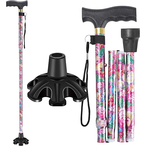 Walking Cane ATMTV Cane for Woman | Mobility & Daily Living Aids | 5-Level Height Adjustable Walking Stick | Comfortable Plastic T-Handle Portable Folding Cane with Replace Tip