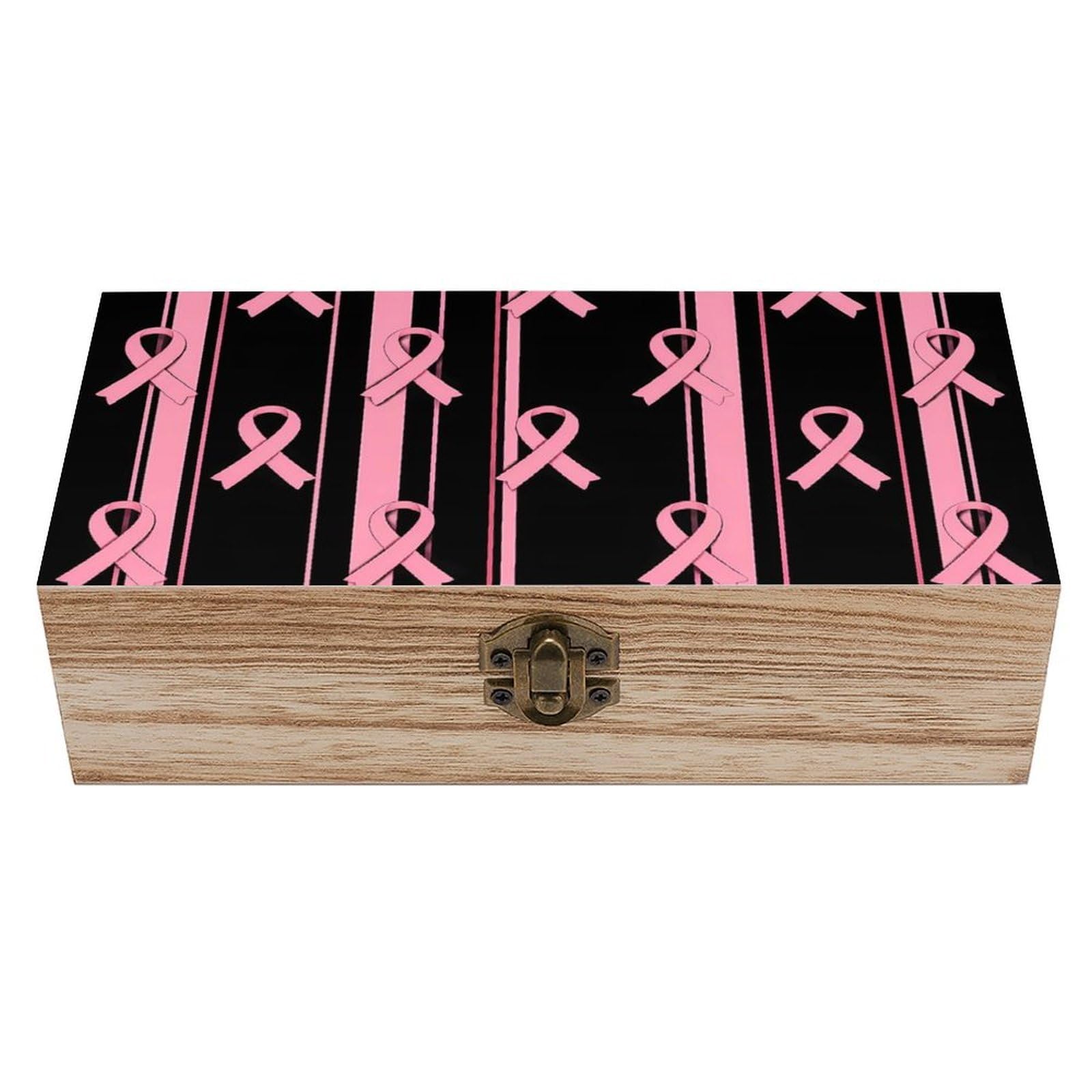 HLBSDM Breast Cancer Awareness Stripes Ribbon Black Wooden Storage Box