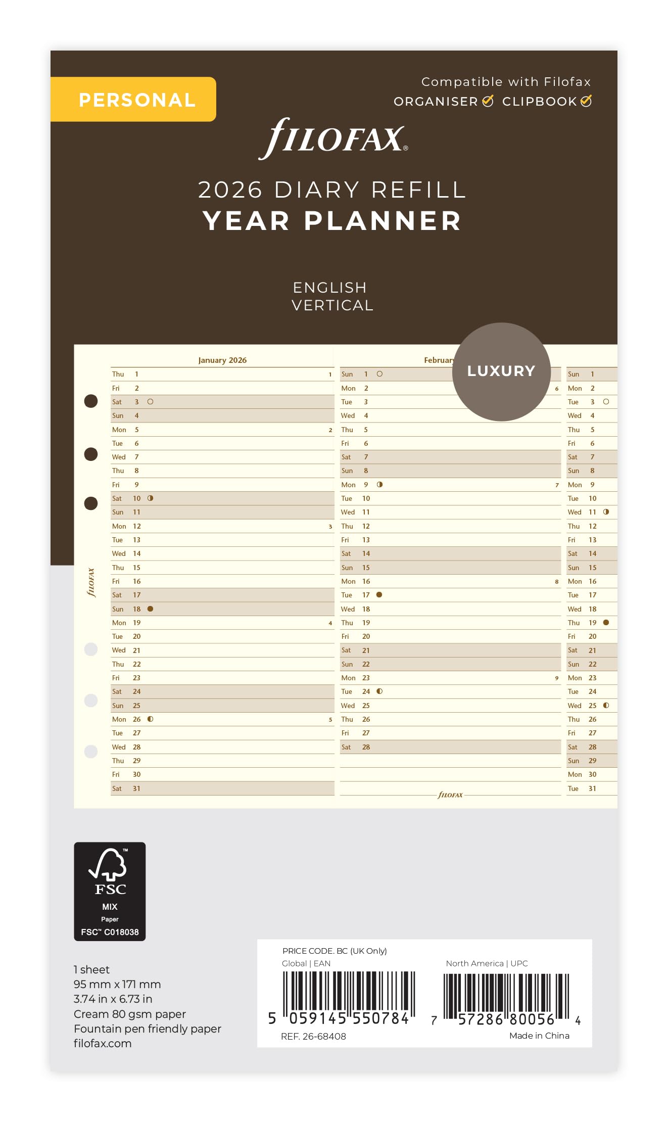 Filofax Personal Vertical Year Planner 2026 cotton cream