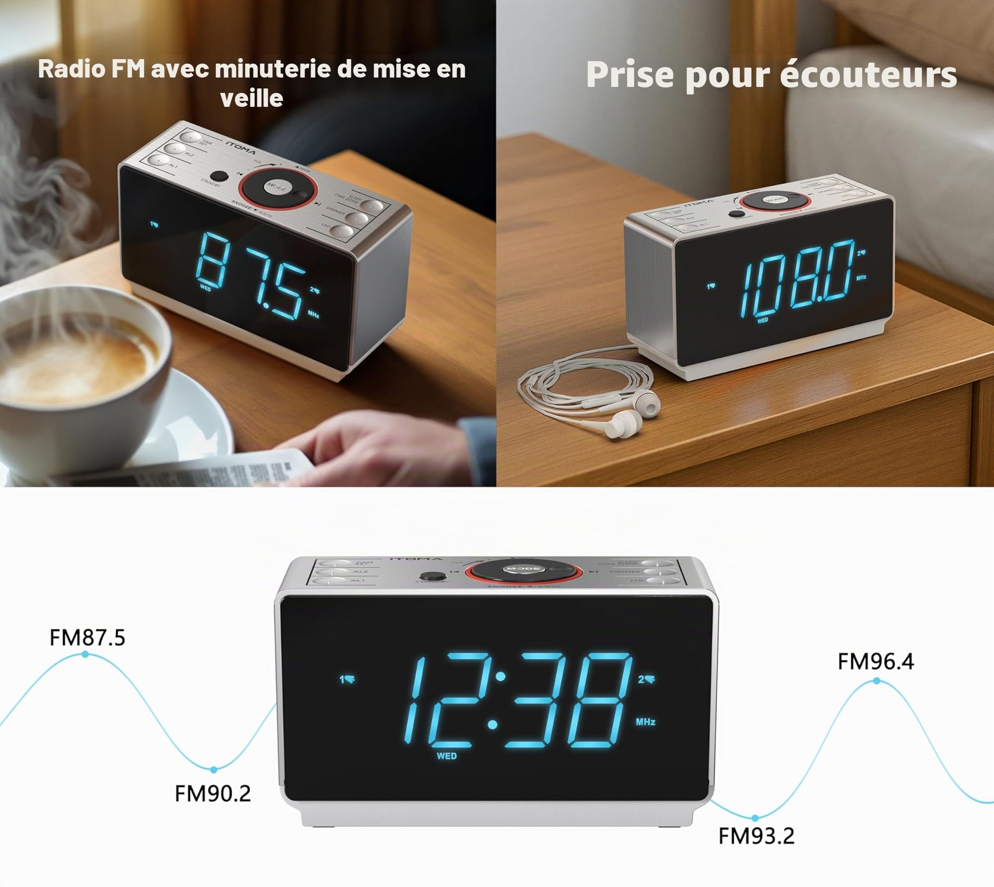 iTOMA Radio réveil avec Haut - Parleurs Bluetooth, Radio FM, Double Alarme avec Snooze, Grand écran LED, Contrôle de Gradation, Sortie de Charge USB et Veilleuse CKS708