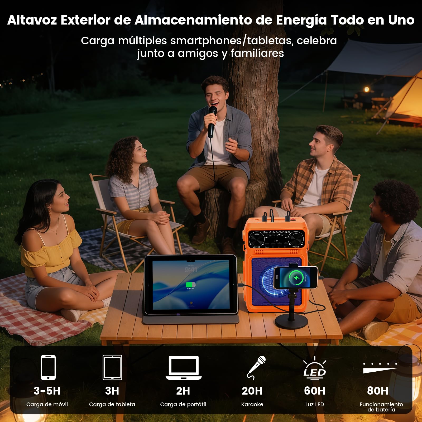 Stoccaggio di energia con sistema audio e karaoke, 24000 mAh, alimentato da pannelli solari, karaoke all'aperto/campeggio/festa