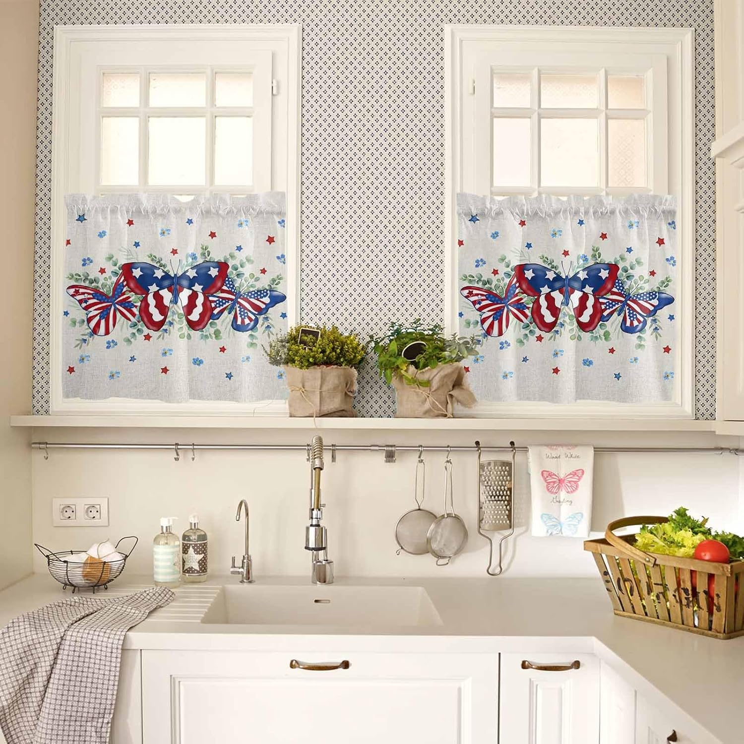 Independence Day Star Window Curtain Tiers 2 Panels Rod Pocket Semi Sheer Tier Curtains 27.5"x36", Butterfly Eucalyptus Leaves Flower Flag Curtain for Kitchen Bathroom Living Room Bedroom