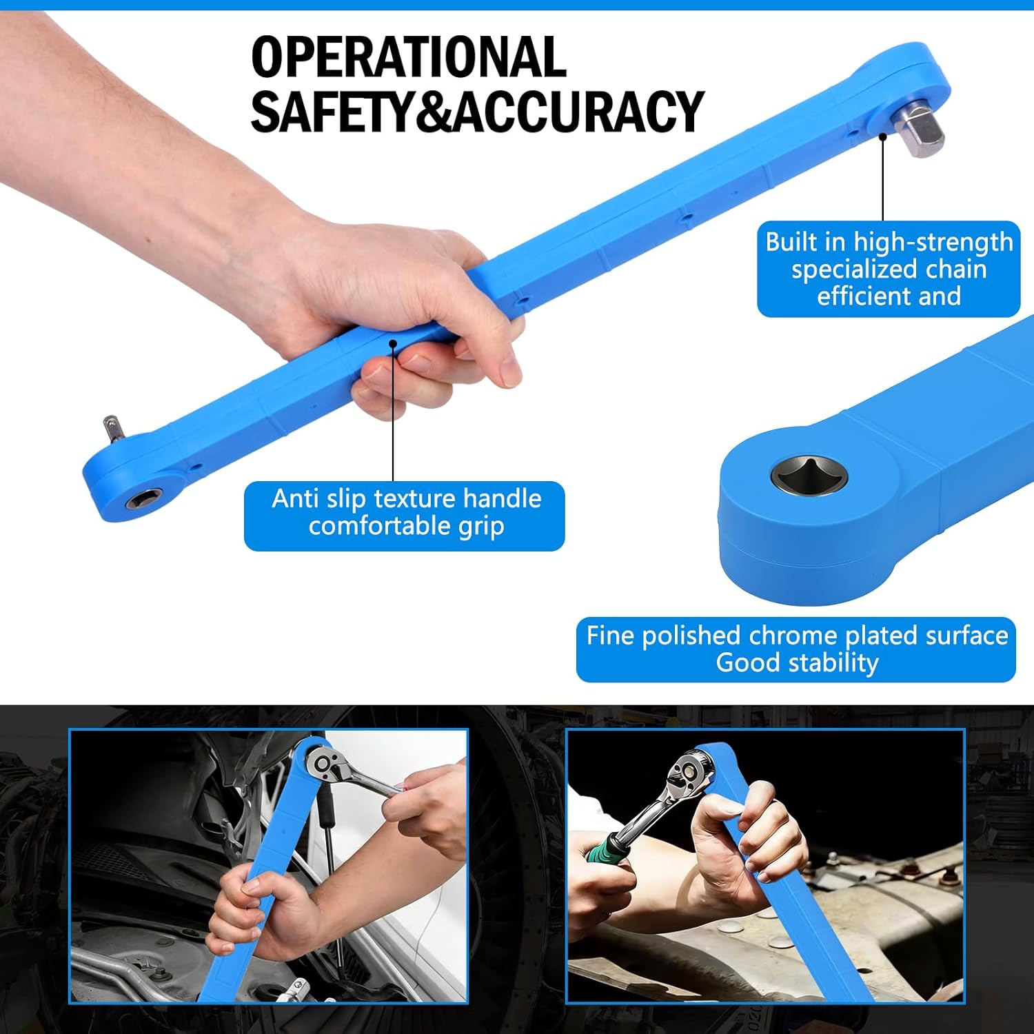 Offset Extension Wrench,15" Impact Ready Socket Wrench Extender Tool Set with 1/2", 1/4" & 3/8" Square Drive Adapters, Zero Degree Ratchet Tool, Multifunctional Tight Reach Extension Spanner (Blue)
