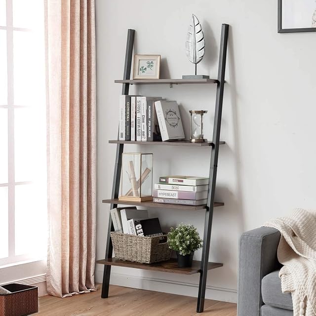 COSTWAY 4/5 Tier Wall Rack, Wooden Display Ladder Shelf, Bookcase Leaning Shelving Unit Organiser Flower Plant Stand for Living Room, Kitchen and Bathroom (64 x 35 x 150cm, Black + Rustic Brown)