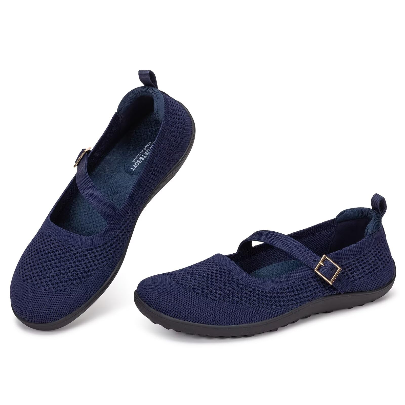 Frank Mully Bailarinas de mujer de talla grande Mary Jane para mujer, cómodas zapatillas de punto con puntera ancha y correas ajustables
