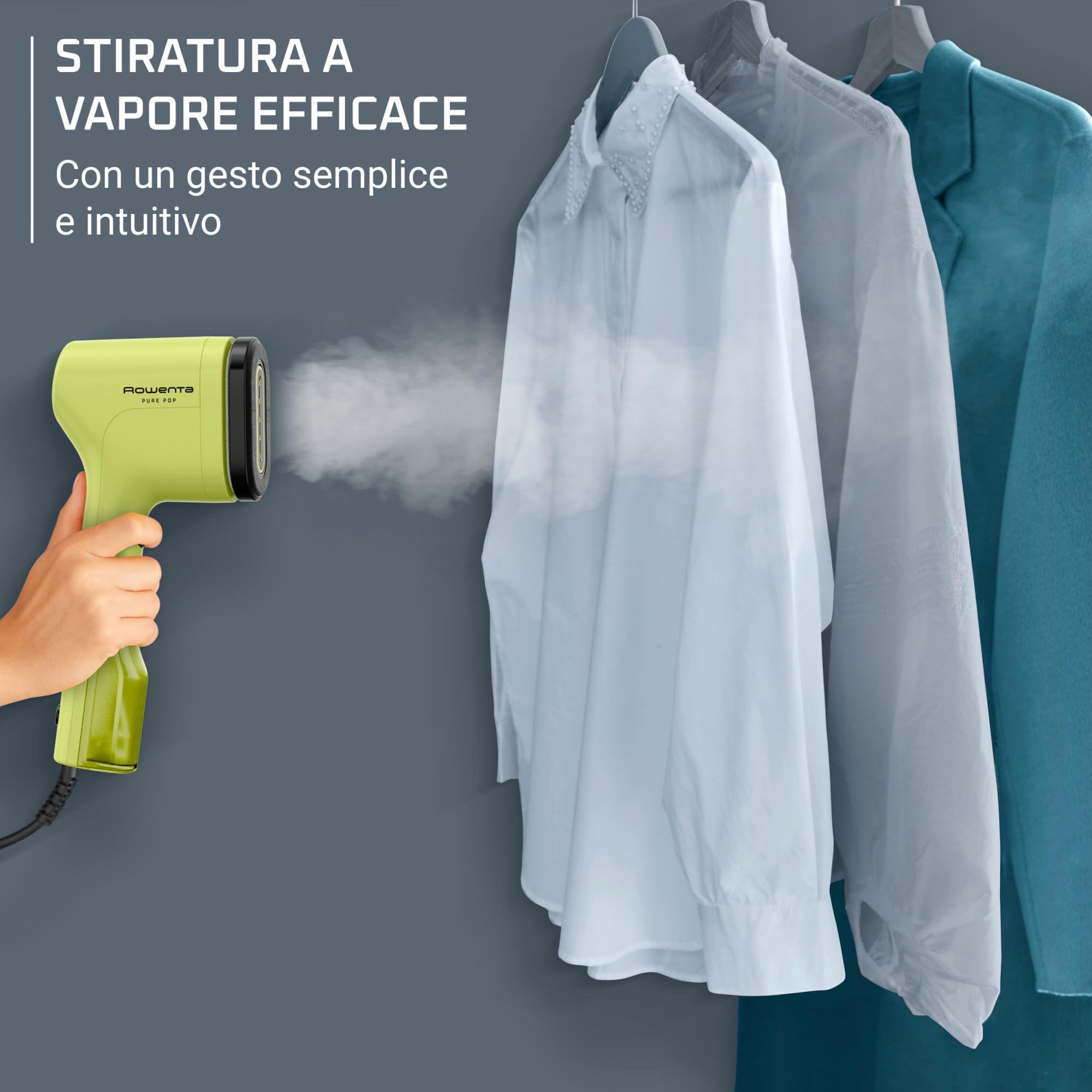Rowenta Pure Pop, Ferro da Stiro Verticale Portatile a Vapore, Utile per Stirare e Igienizzare i Tuoi Capi, con Sistema Reversibile, Riscaldamento Rapido, Potenza 1300W, Colore Giallo Limone, DR2025