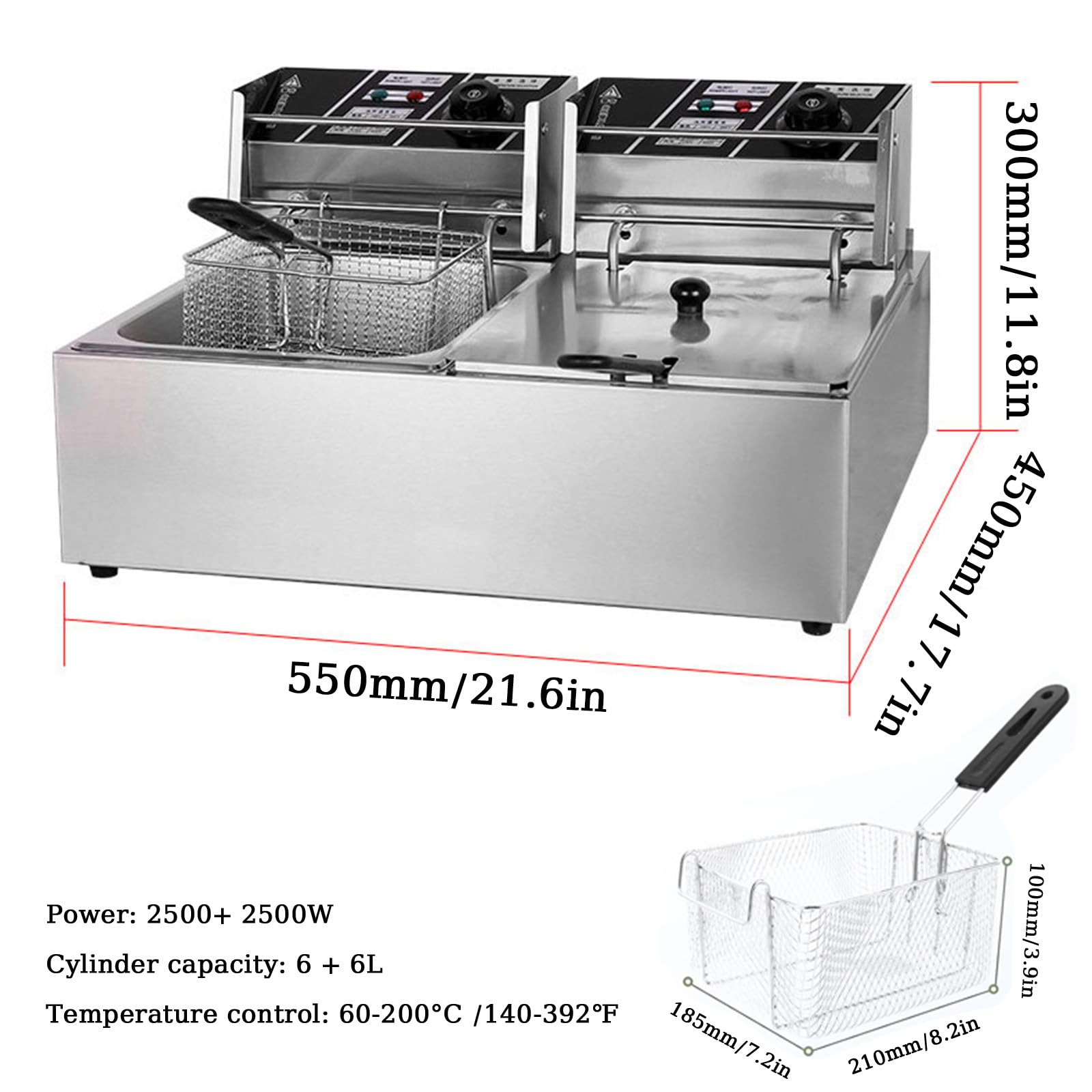 Elektryczna frytownica z 2 koszami i pokrywami, 5000W 12L elektryczna frytownica z regulacją temperatury ze stali nierdzewnej, komercyjna podwójna frytownica, maszyna do smażenia na blacie kuchennym