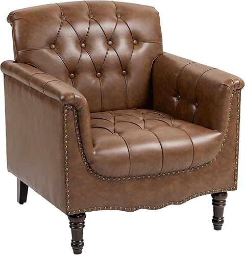 Miniatura 7 de UIXE - Juego de 2 sillas decorativas de cuero sintético, cómodo sillón tapizado para sala de estar, silla con botones decorativos y brazos, sofá