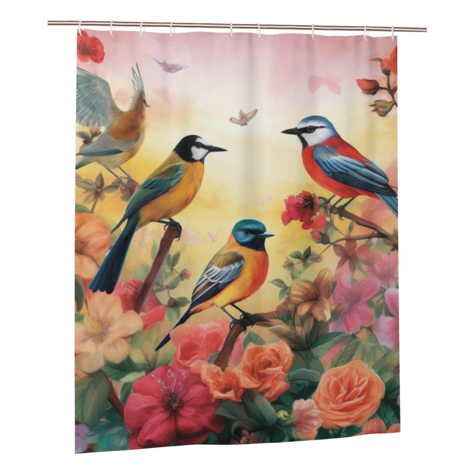 BWWHCCTI Birds and flower Printed Shower Curtain With 12 Plastic Hooks Opaque Quick Drying Waterproof Shower Curtains Sets For Bathroom 152x183 Cm