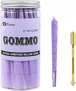 GOMMO Cones Rolling Paper 50 Pack Pre Rolled Cones 1 1/4 Size Natural Purple Rolling Papers with Tips and Golden Packing Spoon Included