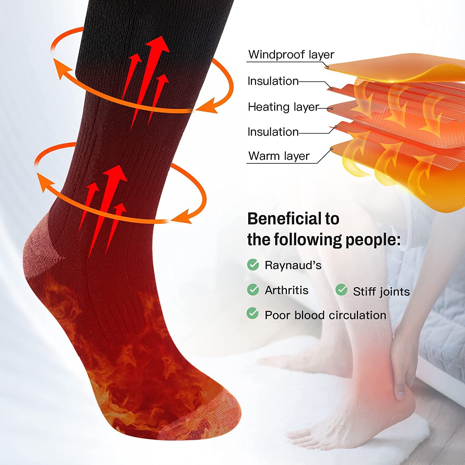 Chaussette Chauffante,4000mAh Chaussettes Chauffantes Rechargeables avec 3 Températures, Calze Riscaldanti Lavables pour la Chasse d'hiver/Ski/vélo/Camping,Unisexe Chauffe Pied 36-44EU