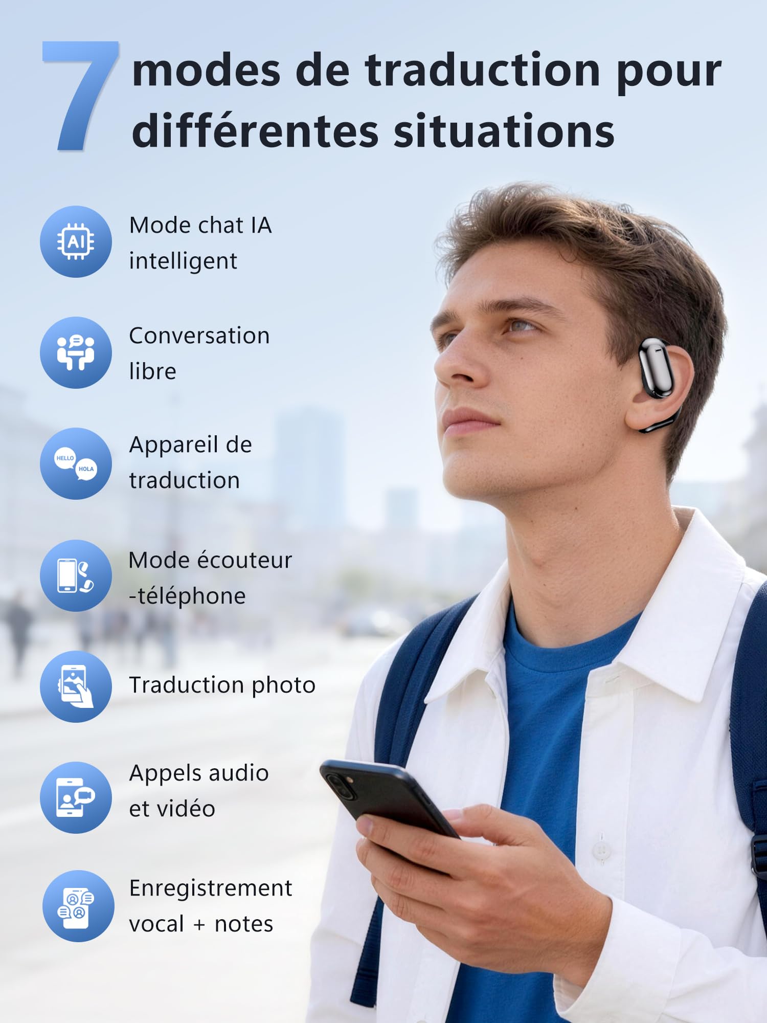AI Ecouteur Traducteur Vocal Instantané: Oreillette Traduction Instantanée avec 164 Langues 7 Modes de Traduction - Écouteurs 4 en 1 Bluetooth 6.1 avec 75H Autonomie - Casque pour Voyage Affaires