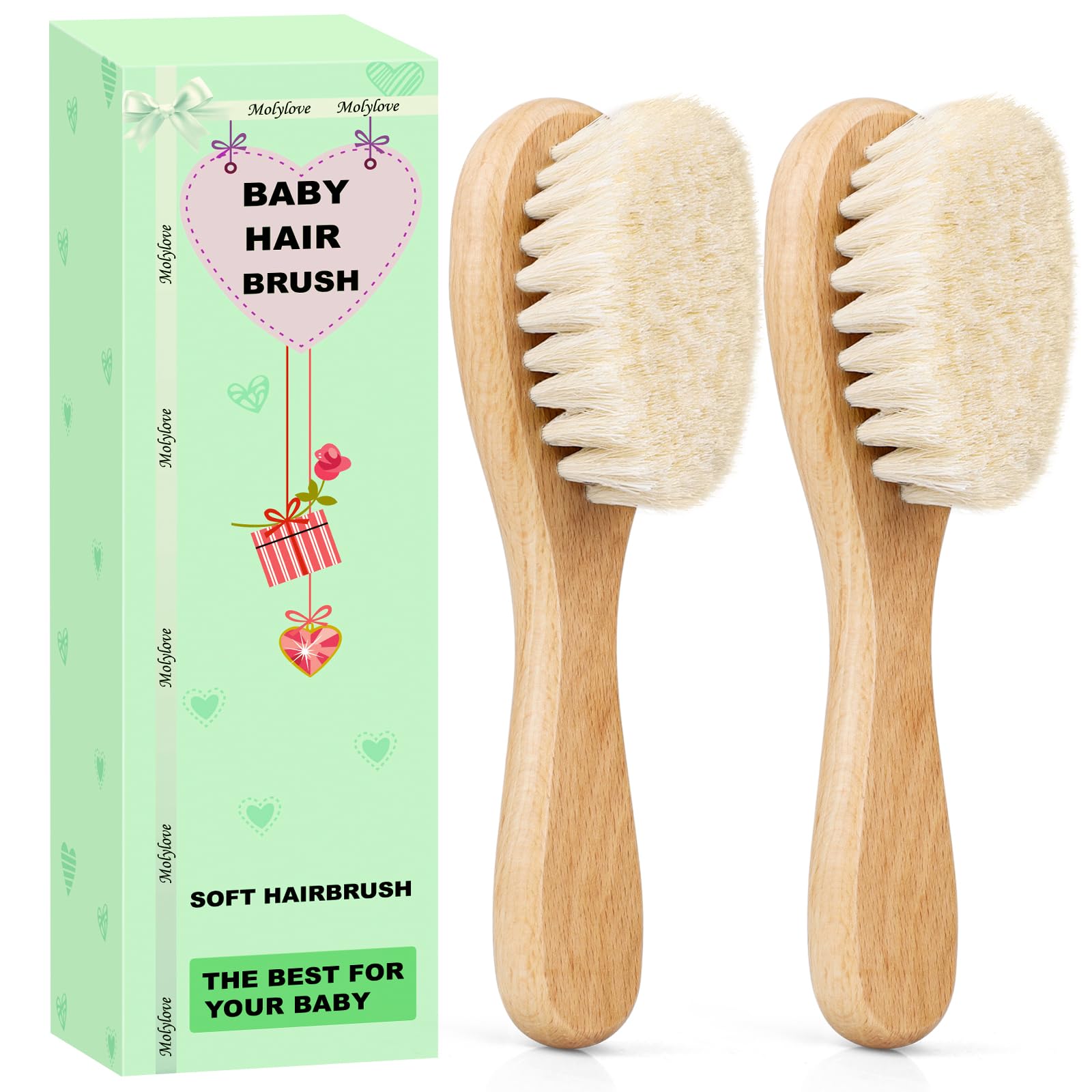 Cepillo de pelo para bebé Molylove, de madera, para recién nacidos y niños pequeños, con cerdas de cabra supersuaves, ideal para la costra láctea (2 unidades)