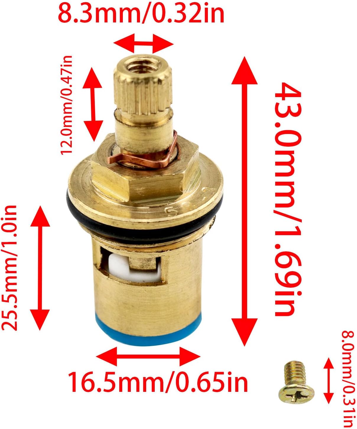 Faucet Valve Brass Rod Valve Filter Element Replacement 20 Teeth Hot and Cold Faucet Valves for Bathroom Kitchen Faucets 2PCS (Red + Blue)
