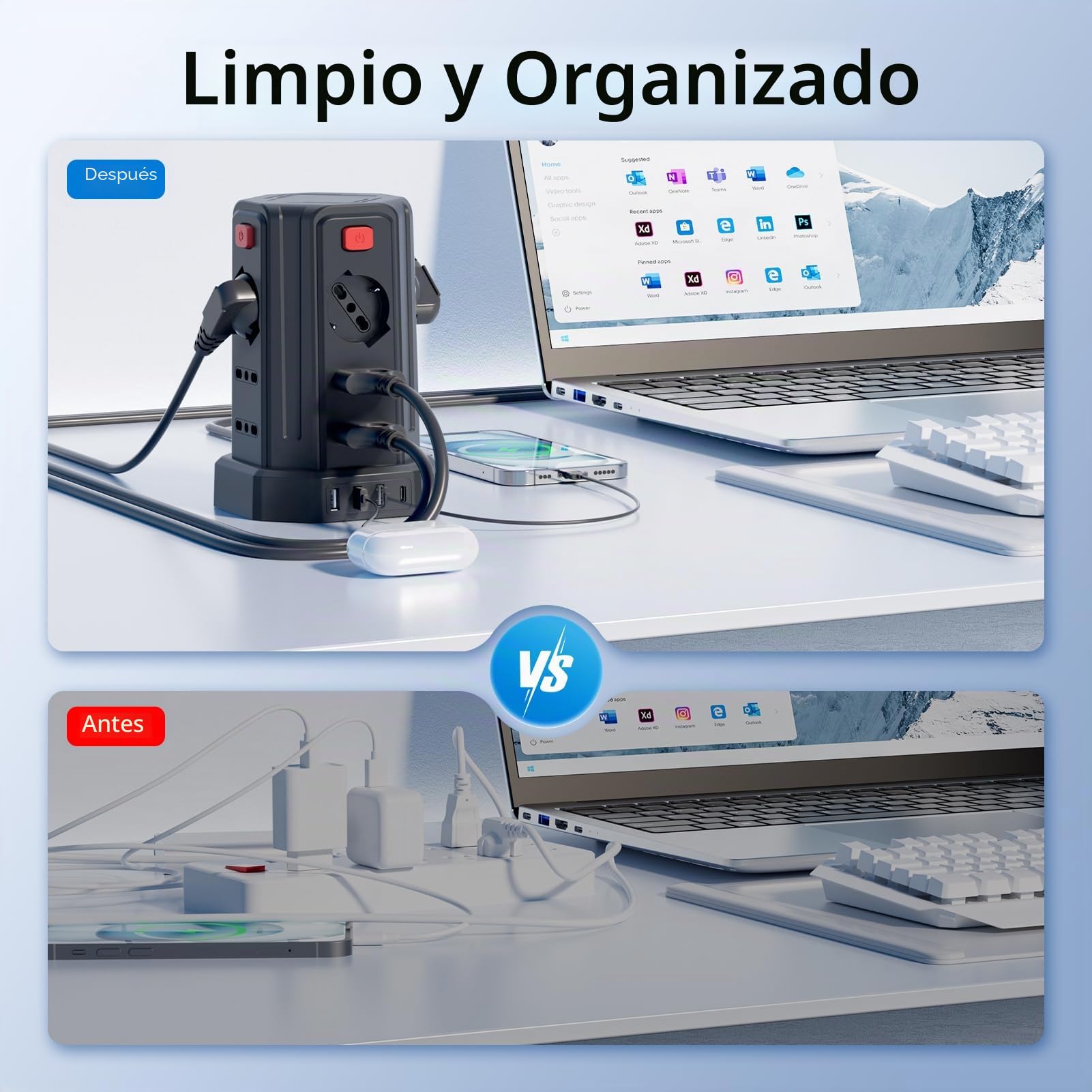 Regleta eléctrica con 12 Tomas universales 10/16 A ITA y Schuko y 3 USB A+1 USB C protección contra sobretensión con 4 interruptores Independientes, Negro