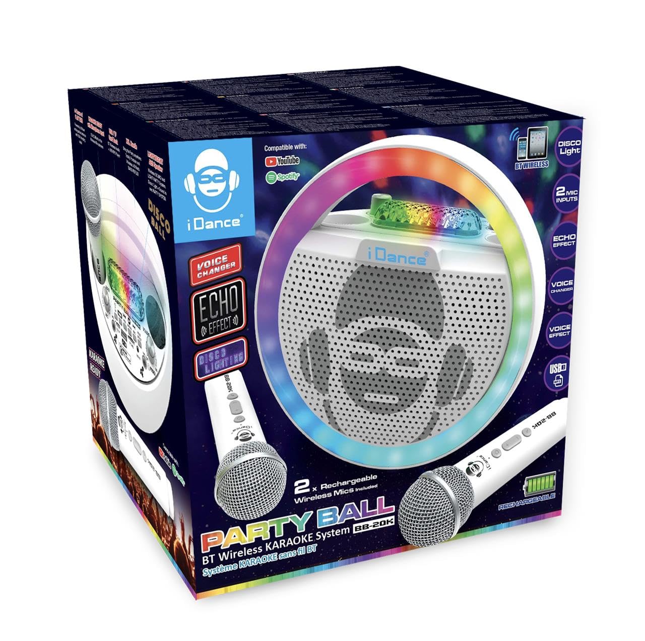 Altavoz Bluetooth con 2 micrófonos - Karaoke portátil - Tamaño 25 cm - Batería Recargable de Larga duración - Luces de Discoteca - Soporte para móvil - Compatible con Youtube y Spotify - para Fiesta