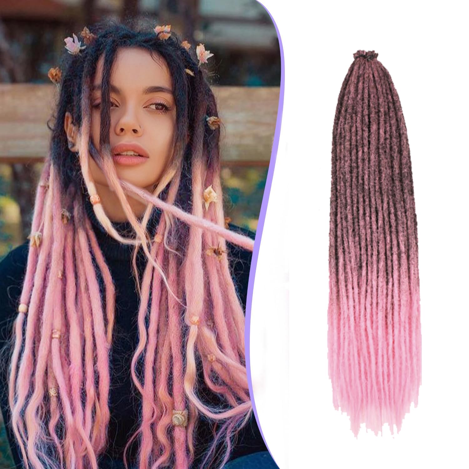 22 inch Dreadlock Extensions Single Ended, Ombre Pink Thin 0.8cm Dreads Extensions, 10 pcs Synthetic Braid in Dreadlock Extensions Reggae Hippie Crochet Dreads for Women