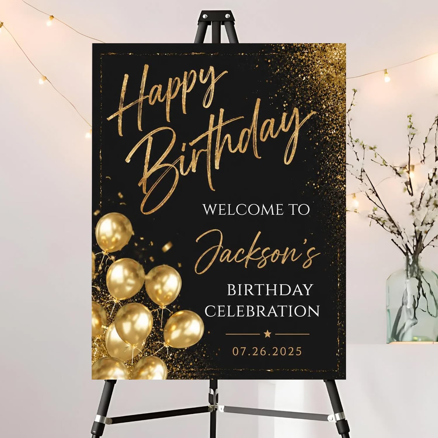 Personalized Gold Balloons Birthday Party Welcome Sign, Birthday Party Sign