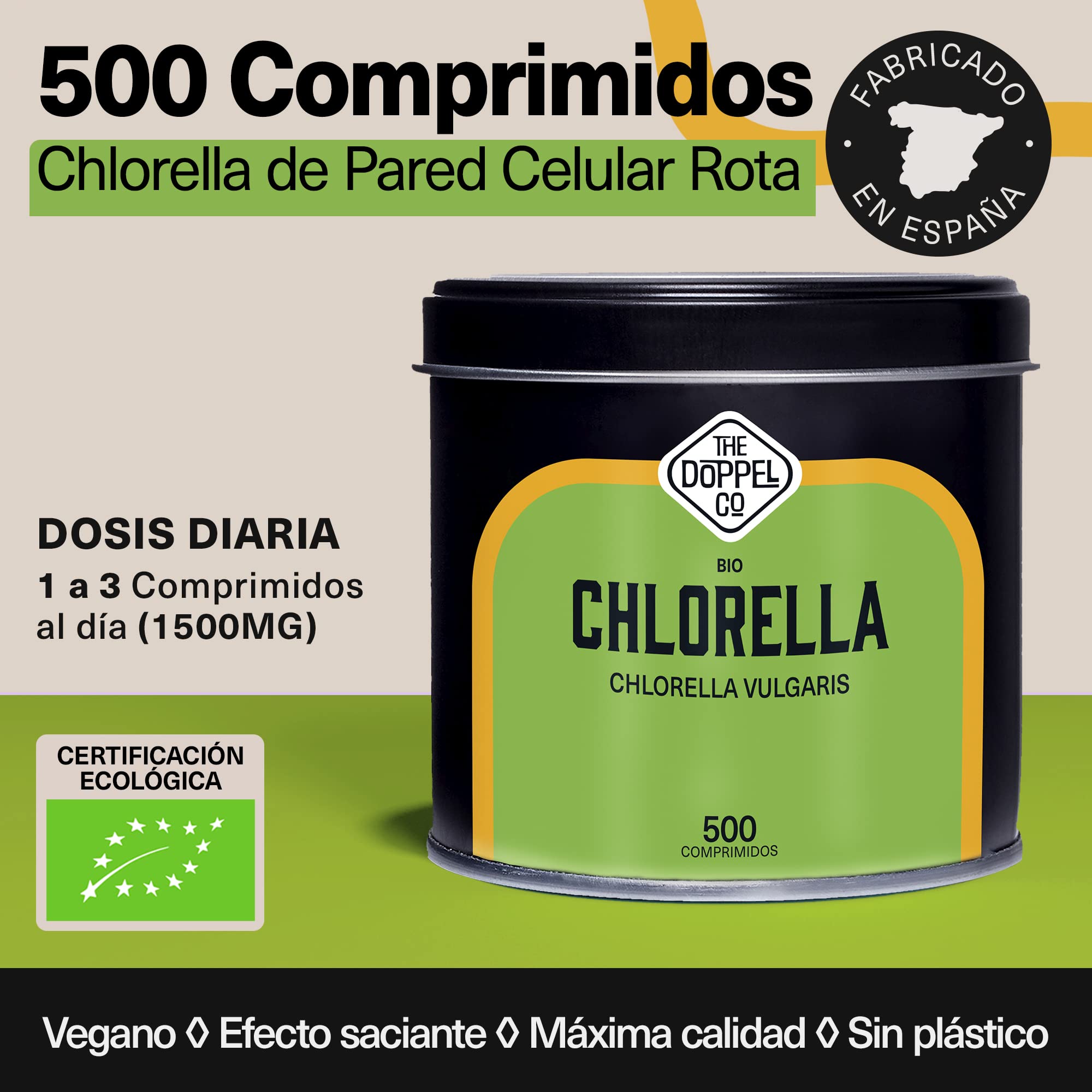 Pura Chlorella Ecológica - 500 comprimidos - 1500 mg por dosis - Pared Celular Rota - Inhibidor de Apetito y Ansiedad - Efecto Saciante, Detox - Proteína Vegana Ecológica - Libre de Plástico
