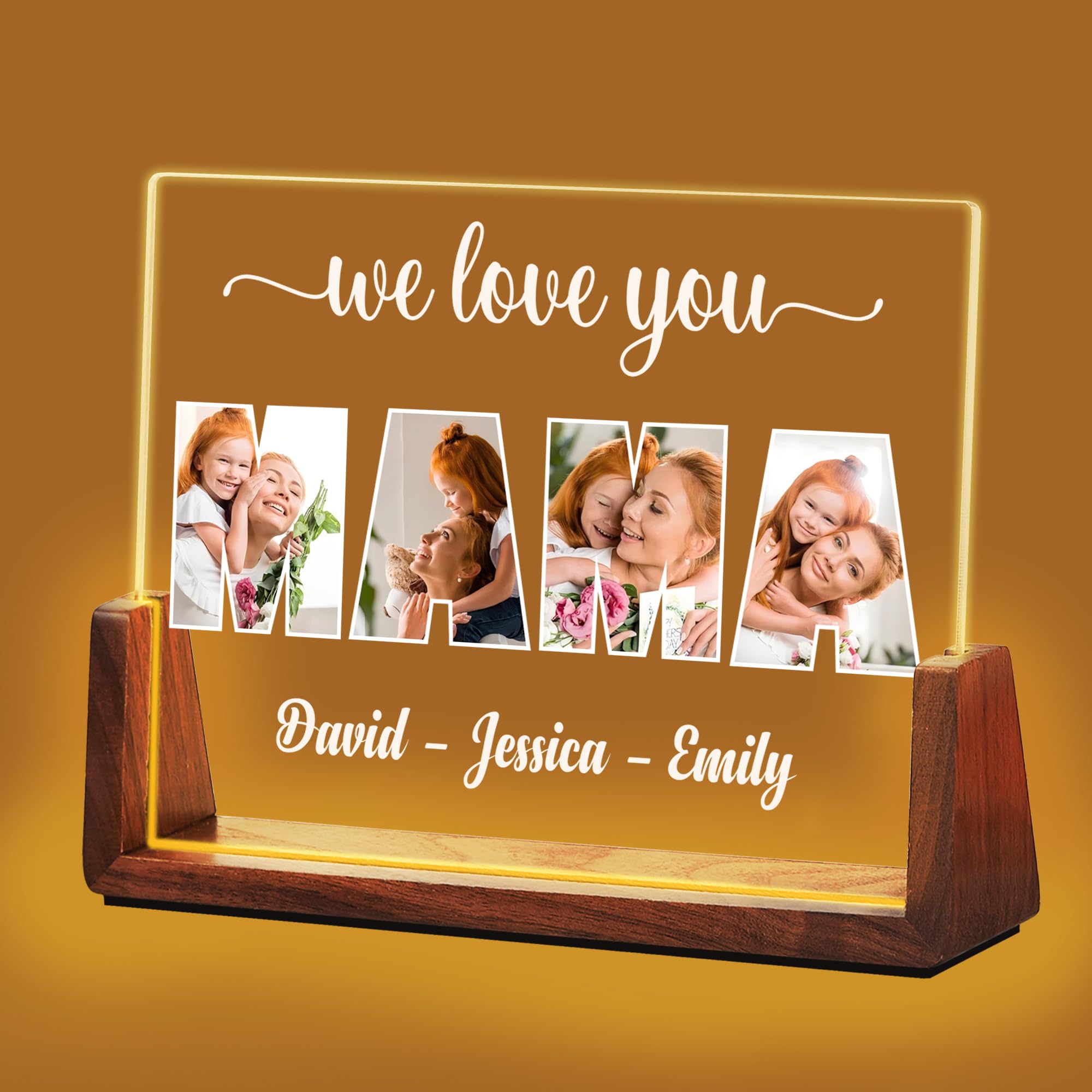 Idiyfun Personalised Christmas Gift for Mum from Daughter Son Kids, Customized Acrylic Plaque LED Walnut Photos Frame with Night Light, Mothers Day, Birthday Gift for Mum Mother MAMA Wife Women