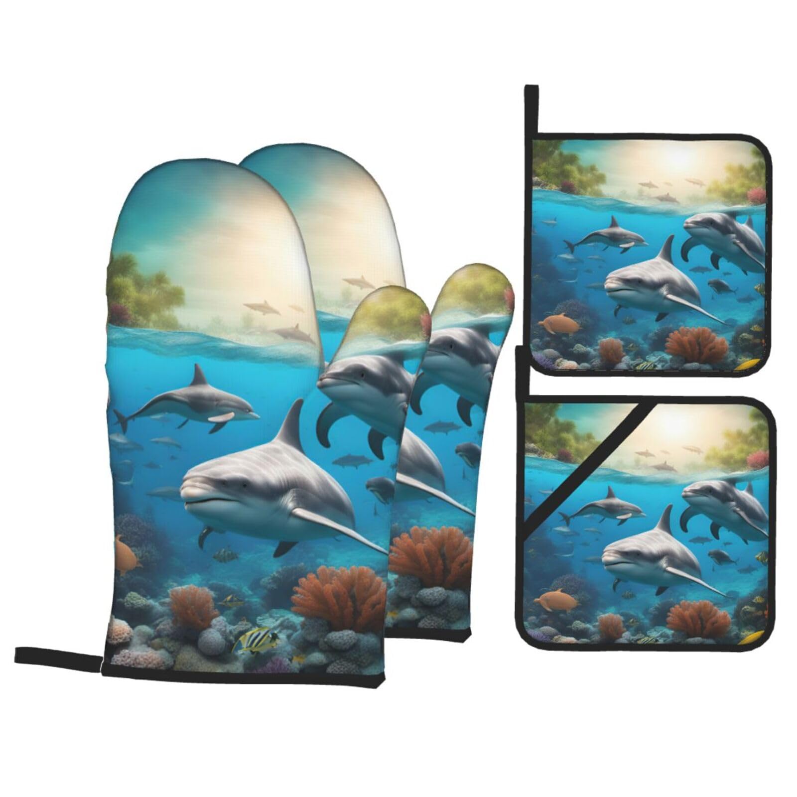 Dolphins Sea Turtle Shark Octopus Coral Print 4-Piece Oven Microwaving Set Kitchen Gloves for Holiday Cooking Baking Grilling