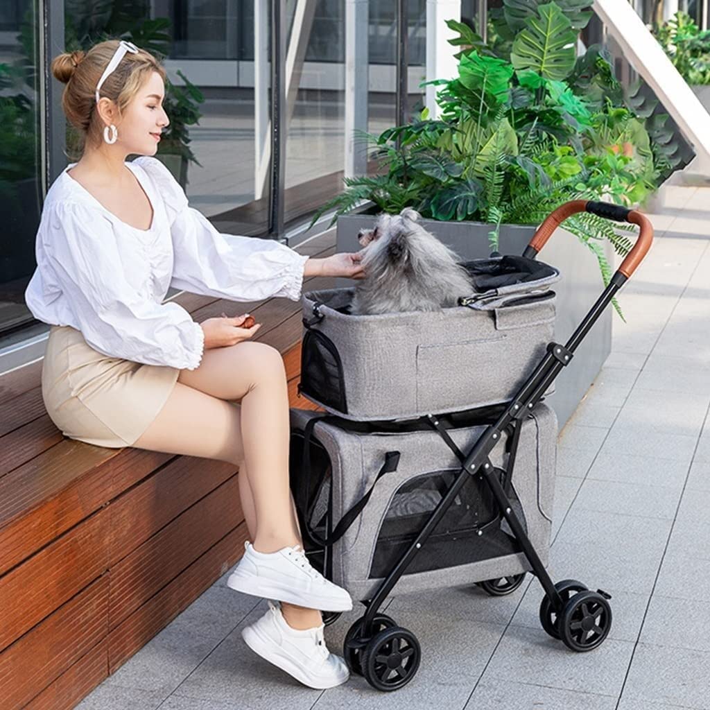 Składany Wózek Dla 2 Psów/kotów Dwuwarstwowy Wózek Dla Zwierząt Domowych Pushchair Oddychające Nosidełko Dla Bliźniaków I Wieloraczków (Color : Blue)