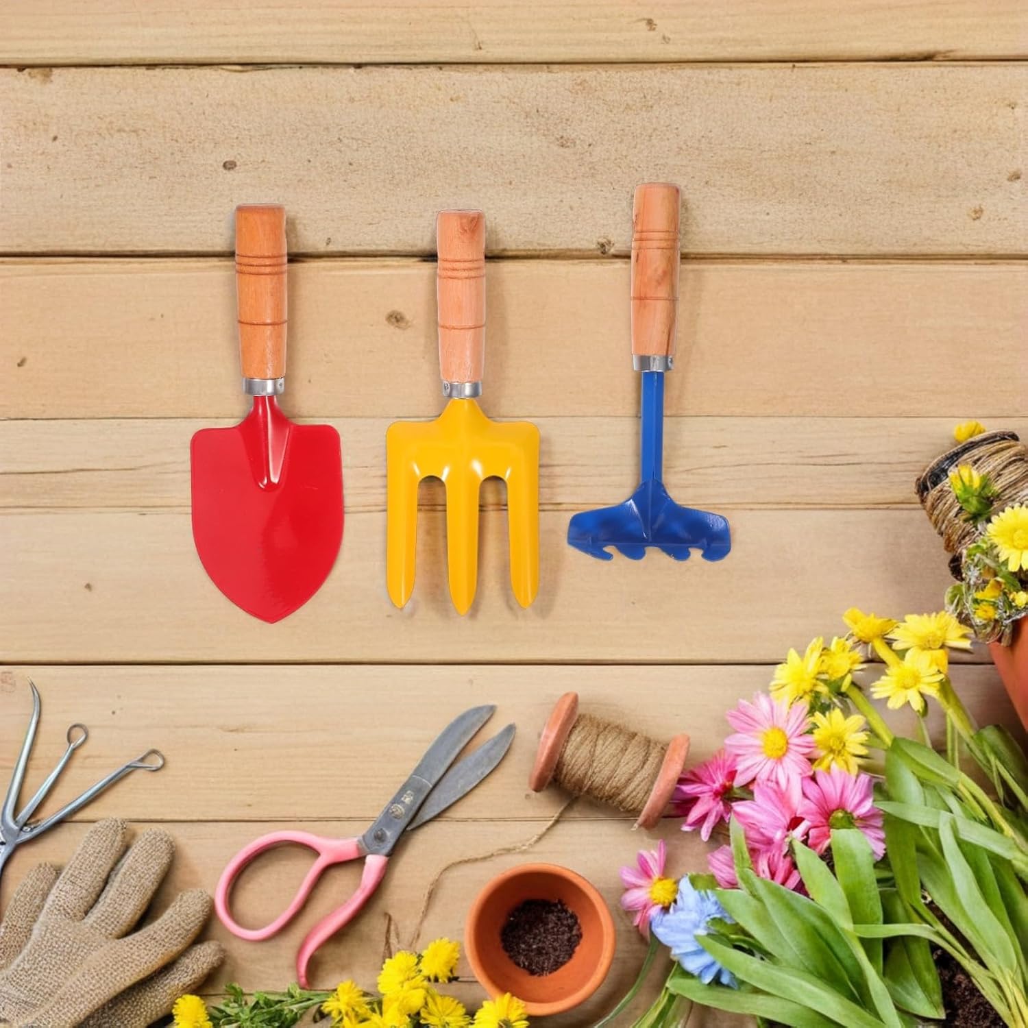 Colorful Flower Shovel Toy Set for Boys and Girls 2-Piece Gardening Tools Wooden Handles for Outdoor Weeding and Planting Activities for Toddlers