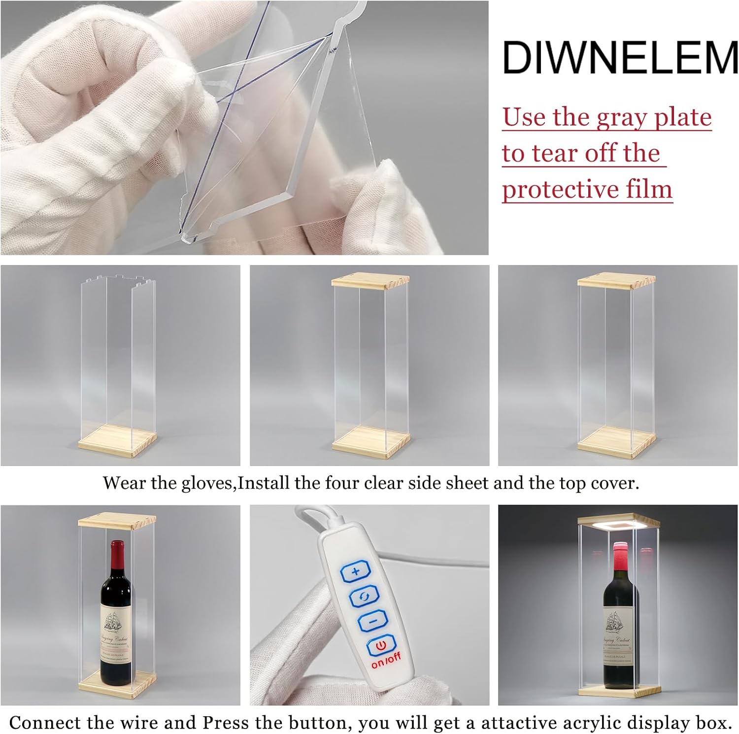 DIWNELEM Wood Acrylic Wine Bottle Display Case with LED Light Acrylic Wine Glass Holder Wine Display Case Dustproof for Red Wine,Champagne,Liquor,Whiskey,Beer,Beverage Bottle (5.1*5.1*14.2")