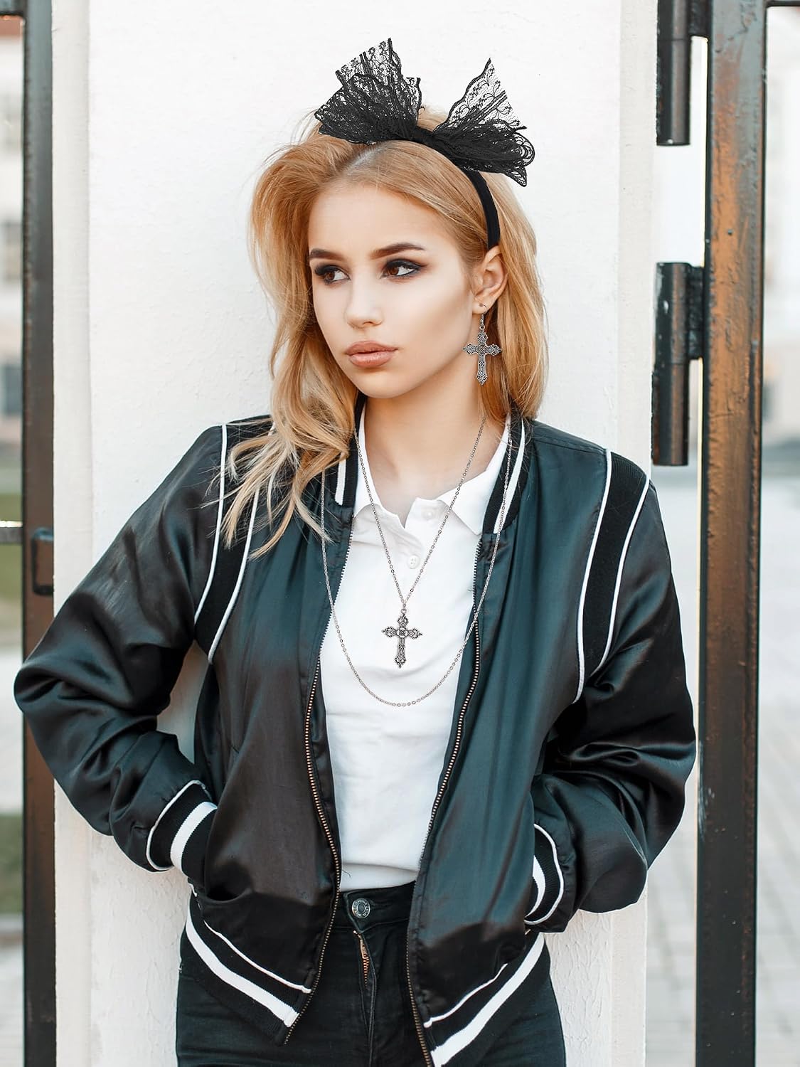 Ecation 7 Pcs 80s Women Costume Accessories Halloween Leather Punk Bracelet Black Cross Necklace Lace Headband Fishnet Glove