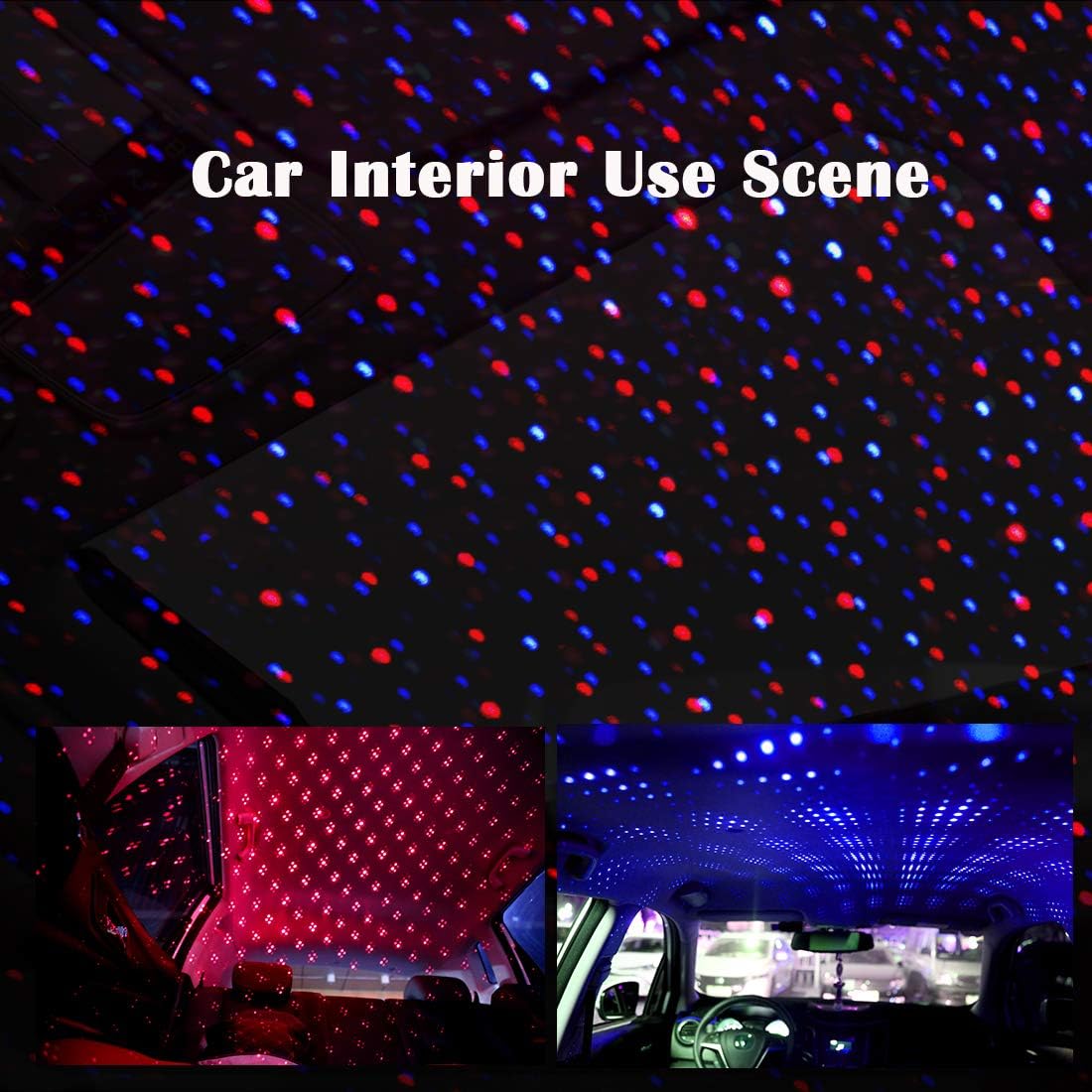 USB Car Roof Star Projector Night Light LED Interior Lamp, 3 Colors - 7 Lighting Effects, Adjustable Romantic Decoration Strip Atmosphere Ambient Light- Plug and Play (Blue & Red)