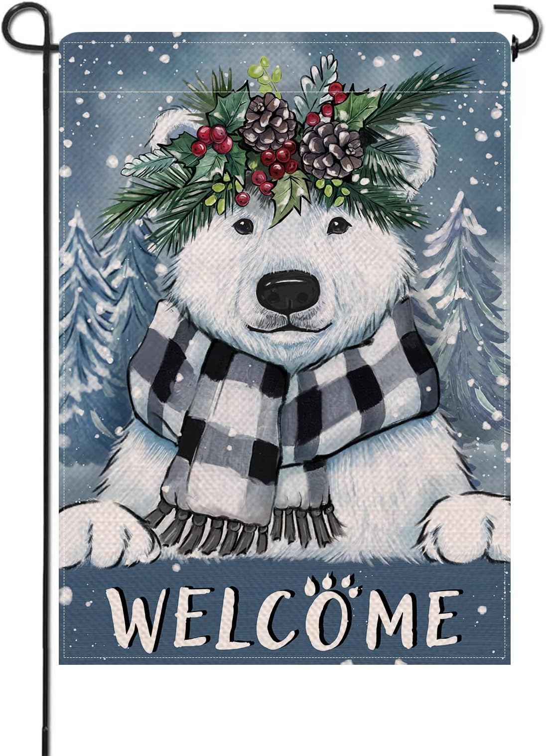 Artofy Welcome Winter Polar Bear Small Decorative Garden Flag, Buffalo Plaid Check Scarf Pine Tree Yard Lawn Outside Decor, Snowy Christmas Farmhouse Burlap Outdoor Home Decoration Double Sided 12x18