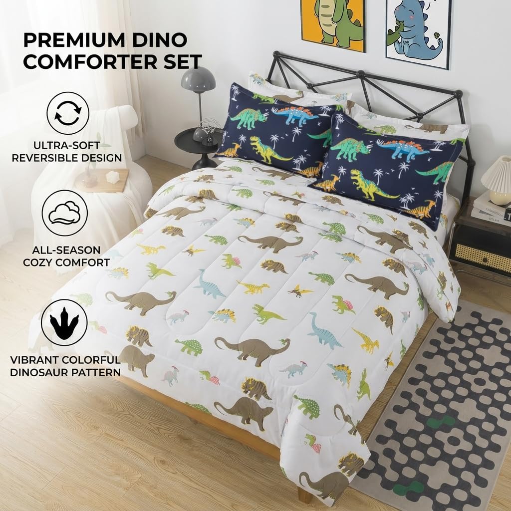 lishjekee 5Pieces Kids Dinosaur Comforter Twin Dino Bedding Set for Boys