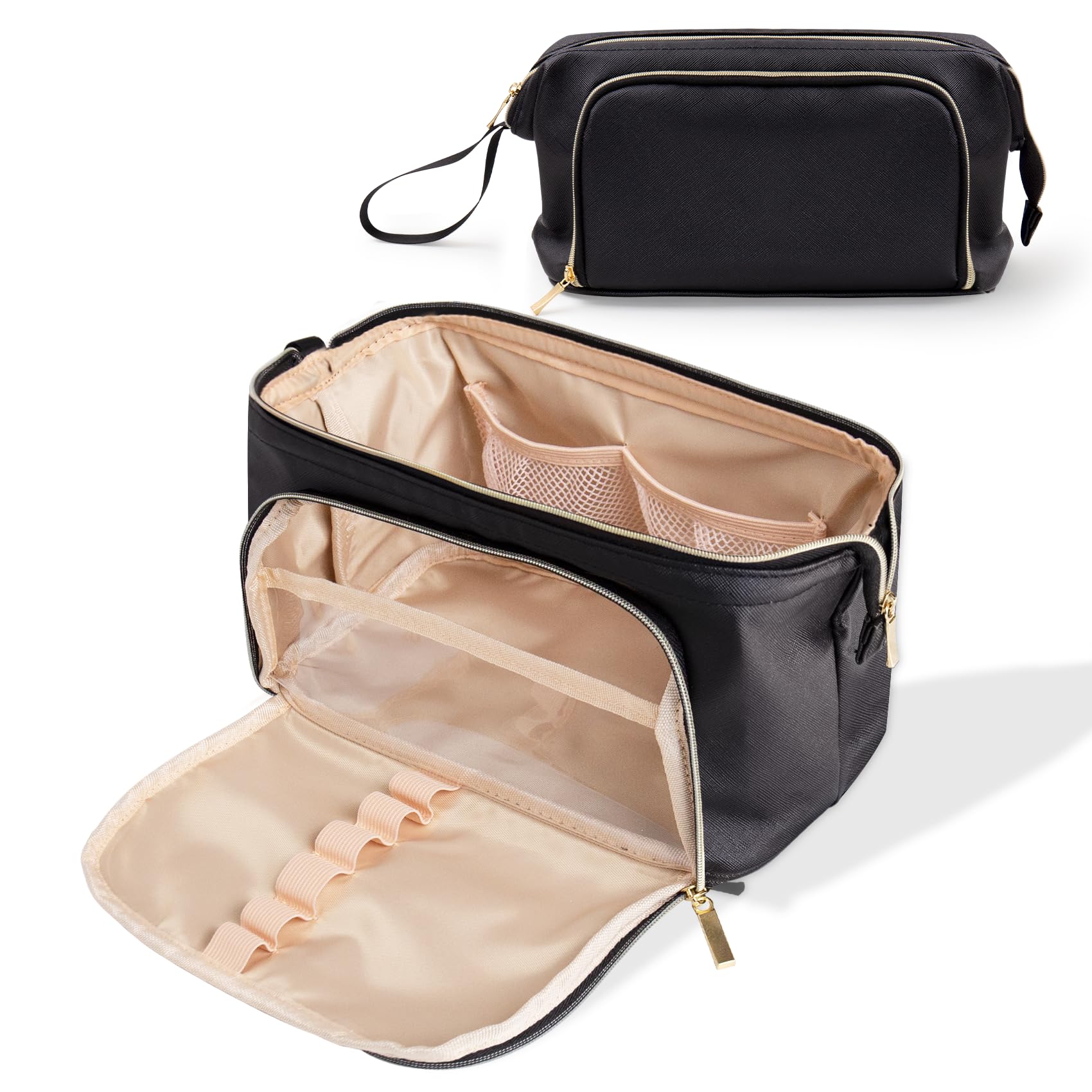 Small Makeup Organizer Bag PU Leather Makeup Bags - Portable Waterproof Travel Makeup Bag,Wide-open Cosmetics Organizer Case,Makeup Brush Travel Pouch for Women for Carry On (Black Leather)